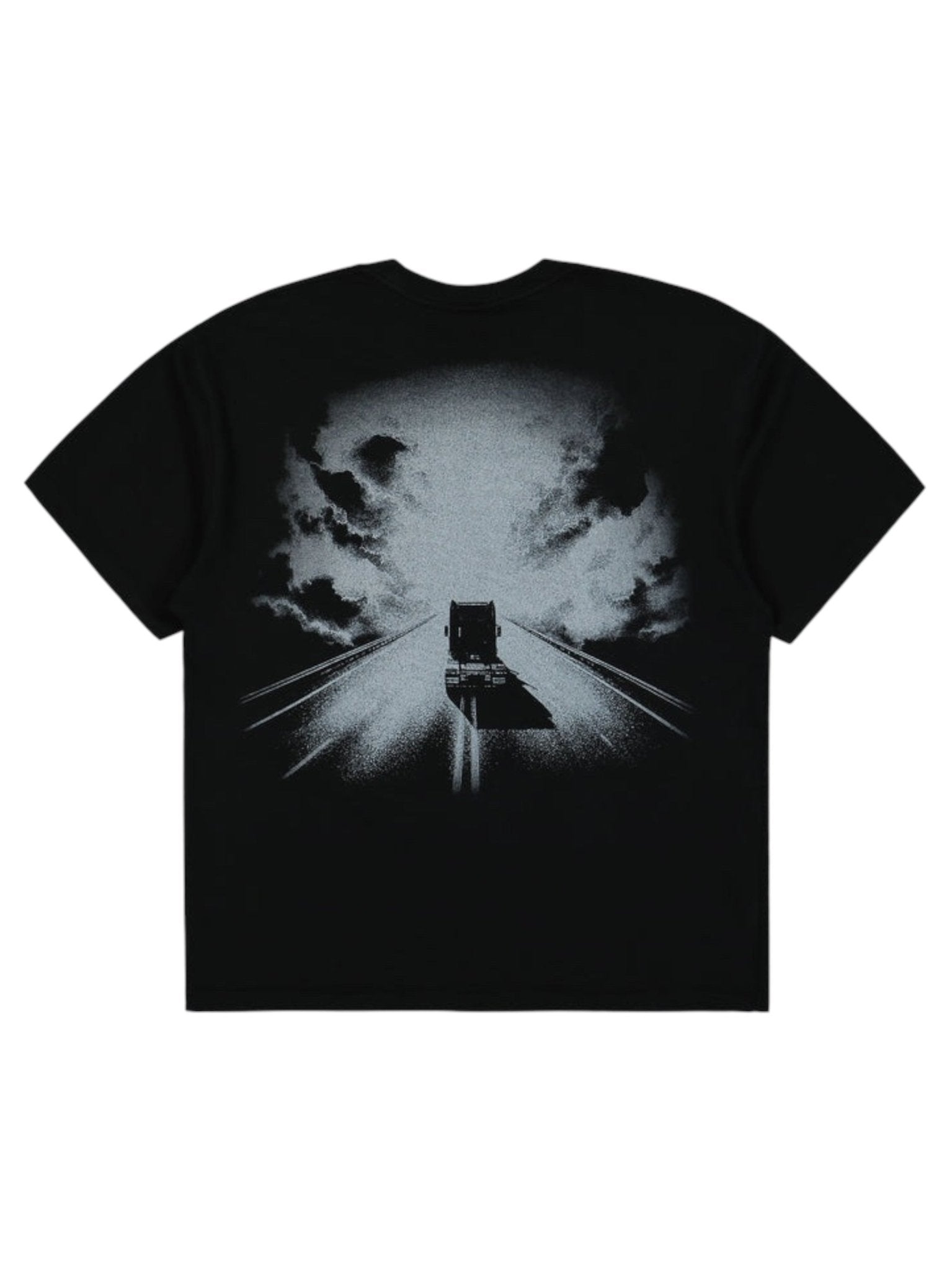 The Pleasures Truck Heavyweight Shirt Black by PLEASURES sports a striking back graphic of a truck under dramatic clouds. Made from 100% cotton, this T-shirt combines comfort with style, making it an essential wardrobe addition.