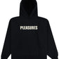 The Pleasures Wave Quilted Hoodie Black by PLEASURES is a fashionable black hoodie with "PLEASURES" boldly in white on the chest, accented by a unique applique patch for extra style.