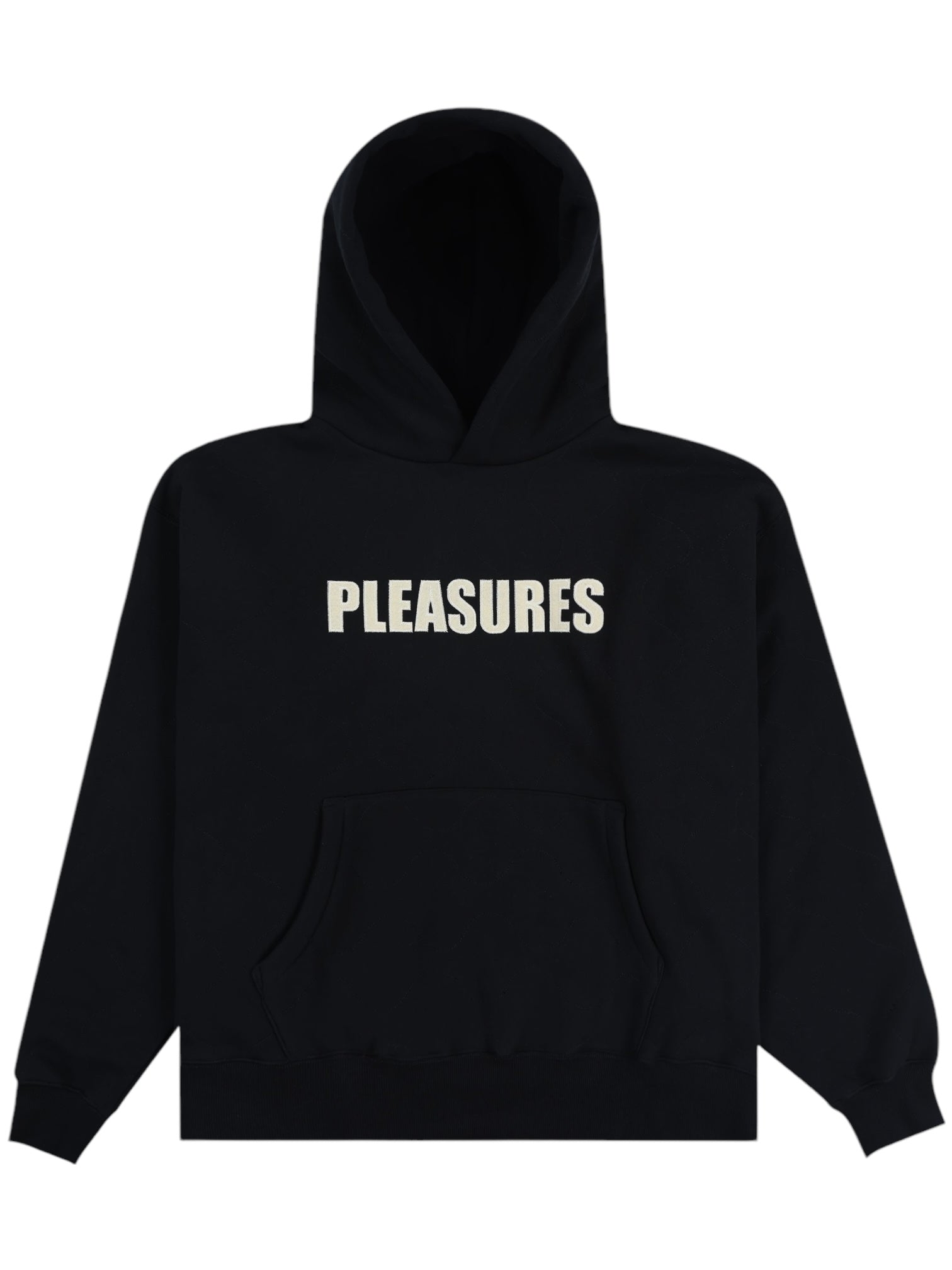 The Pleasures Wave Quilted Hoodie Black by PLEASURES is a fashionable black hoodie with "PLEASURES" boldly in white on the chest, accented by a unique applique patch for extra style.