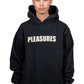 Against a plain white backdrop, a person wears the Pleasures Wave Quilted Hoodie Black by PLEASURES, featuring "Pleasures" prominently displayed on it.