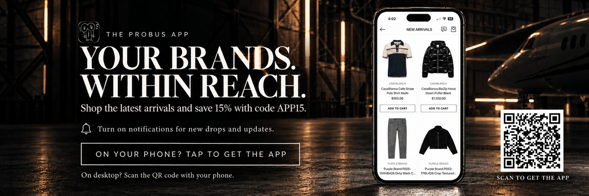 App promotioProbus app banner showing new arrivals, 15% off with code APP15, a reminder to enable notifications, and a QR code to download the app.n