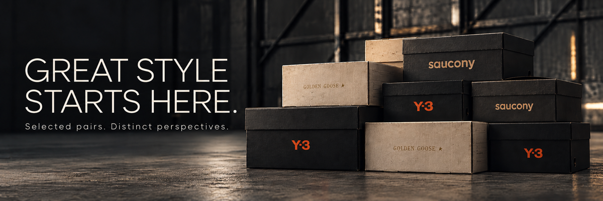 Stacked Y-3, Golden Goose and Saucony sneaker boxes with the caption “Great style starts here. Selected pairs. Distinct perspectives.”