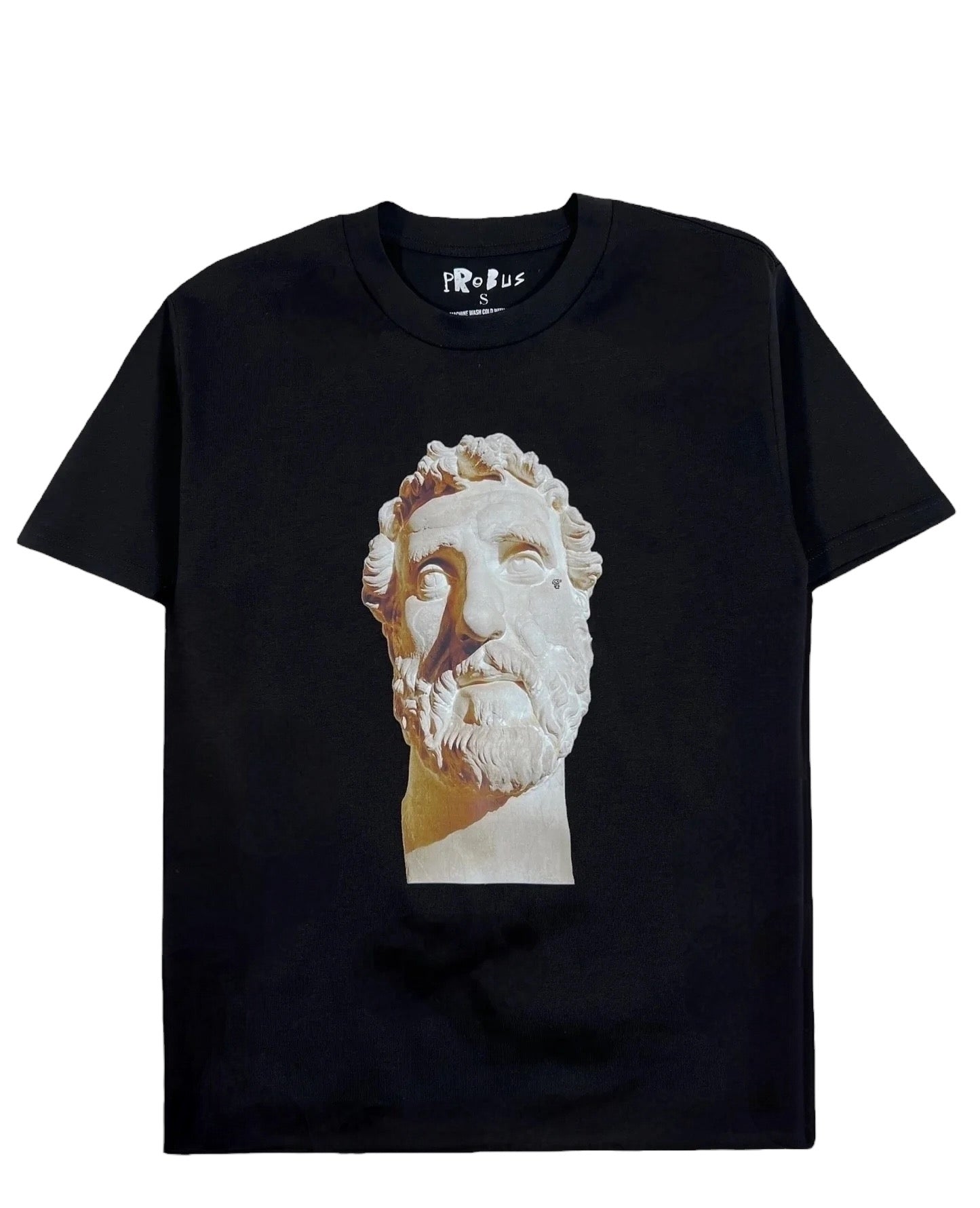 The PROBUS Probus Statue Tee Black is a graphic black t-shirt made from 100% cotton, showcasing an oversized image of a classical marble bust on the front.