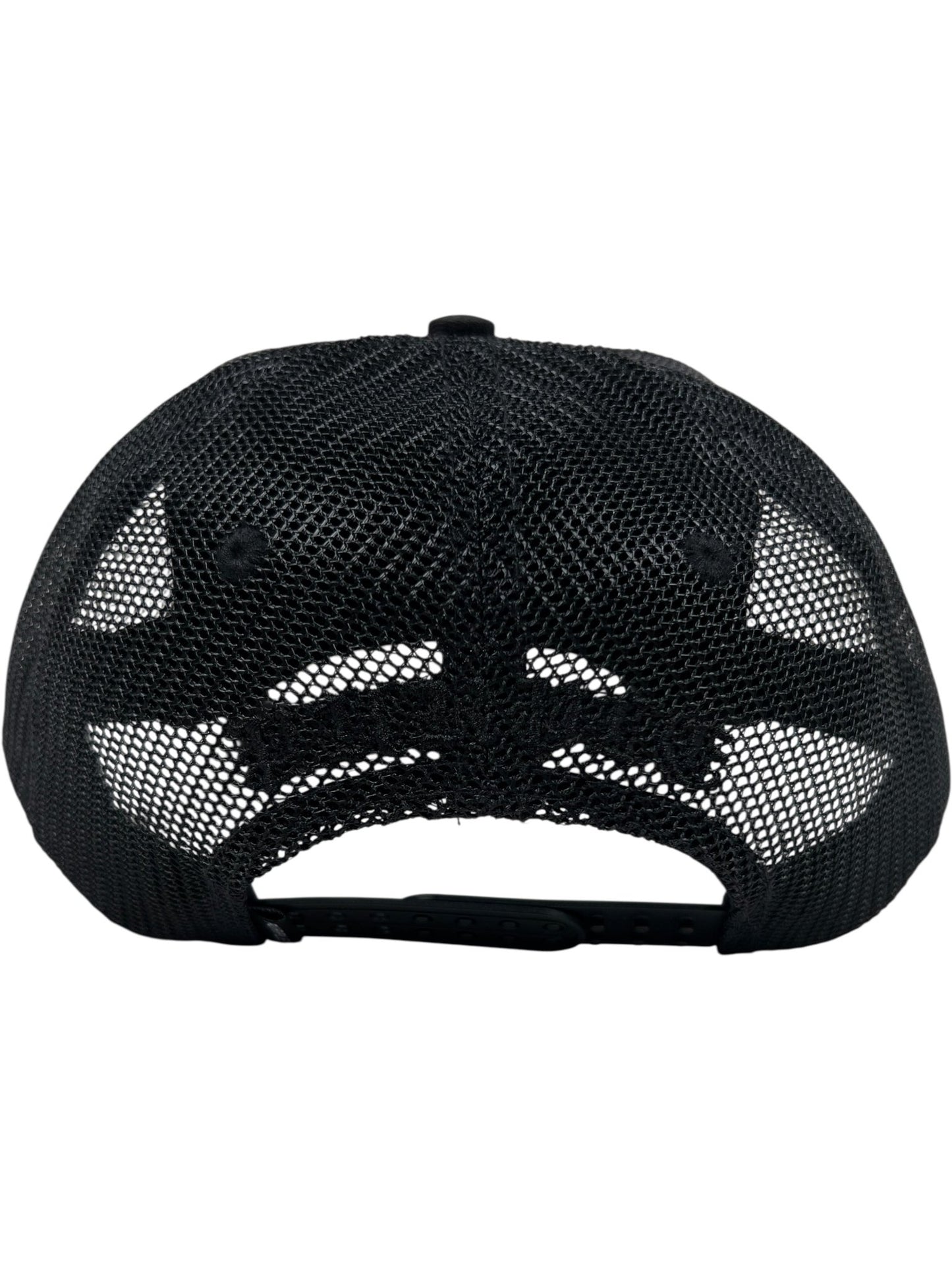 Back view of a PURPLE BRAND Purple A2054-TTGT224 Cotton Twill Trucker Hat Black, featuring an adjustable snapback closure.