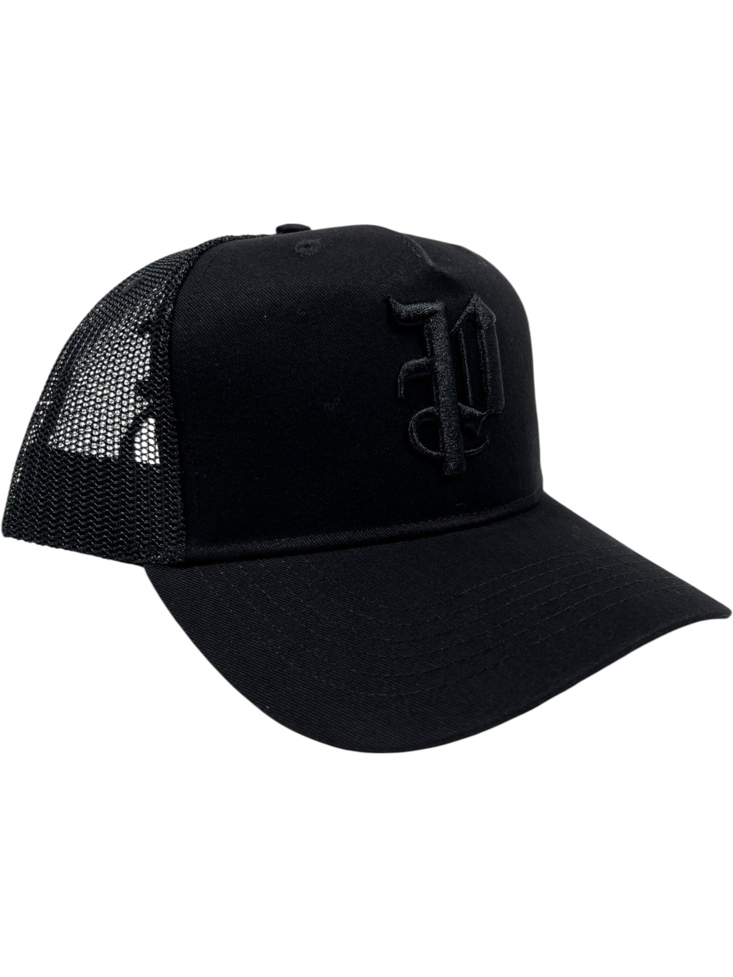 The PURPLE BRAND Purple A2054-TTGT224 Cotton Twill Trucker Hat in black features breathable mesh, a curved brim, and an embroidered "P" on the front panel. Style code: A2054-TTGT224.