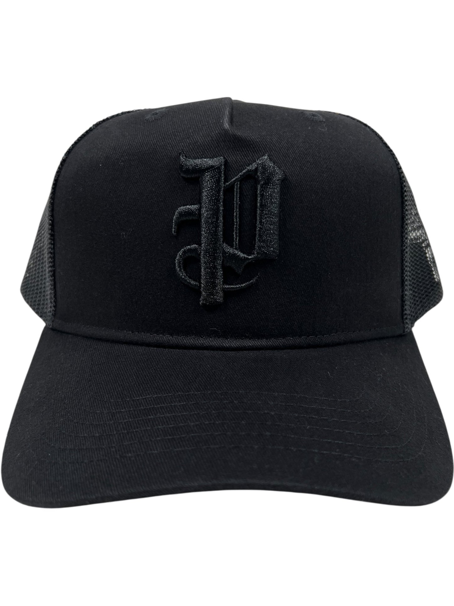 The Purple A2054-TTGT224 Cotton Twill Trucker Hat by PURPLE BRAND features a black mesh back and a raised Old English "P" embroidered on the front.