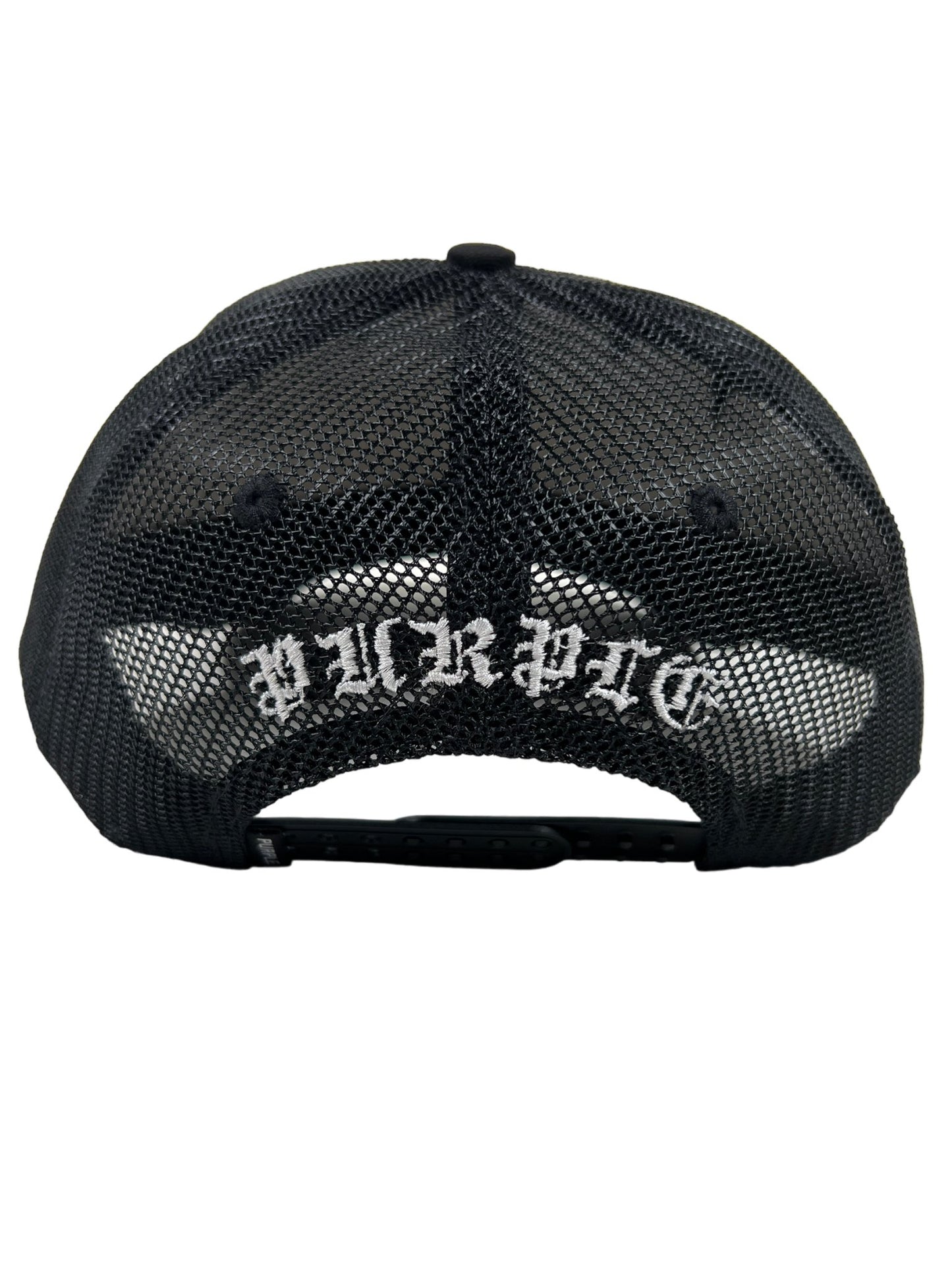 Rear view of a PURPLE BRAND A2054-TTGB cotton twill trucker hat in black with the word "#crptc" embroidered in white above the snapback closure.