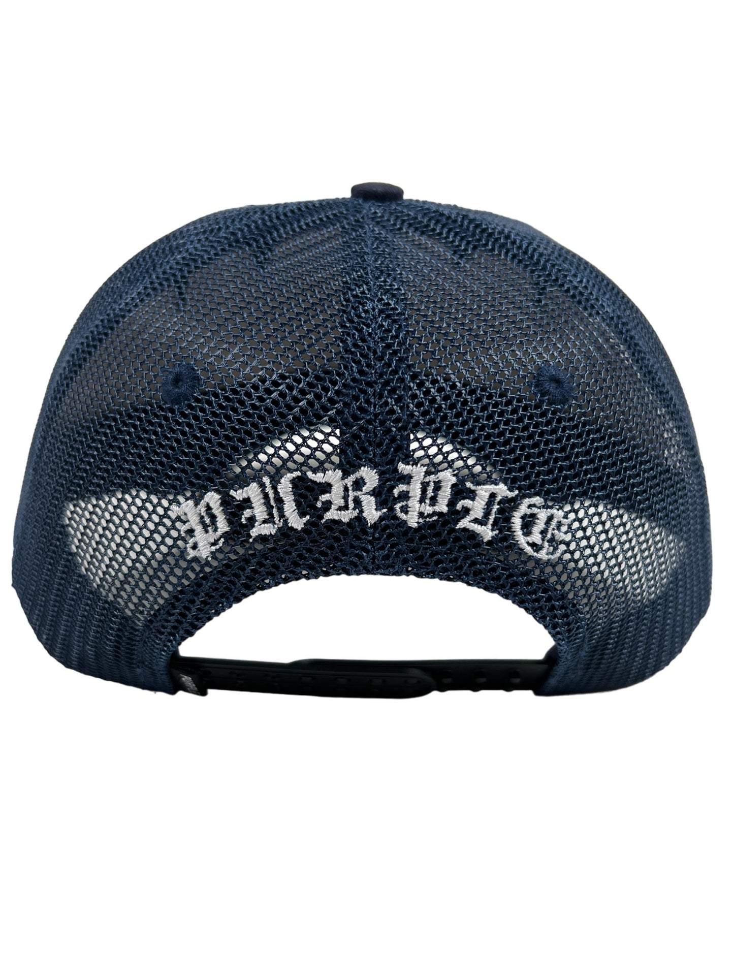 Rear view of a navy blue mesh Purple Brand A2054-TTGN Cotton Twill trucker hat with a white "pickering" logo embroidery on the back.