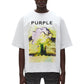 A person wearing sunglasses and a PURPLE BRAND M1057-TWFM325 Textured Jersey Top White, 100% cotton, featuring a digital graphic with "PURPLE" and a mushroom cloud explosion on the front.