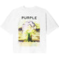 The Purple Brand M1057-TWFM325 Textured Jersey Top White is a 100% cotton tee with “PURPLE” above a colorful digital mushroom cloud graphic.