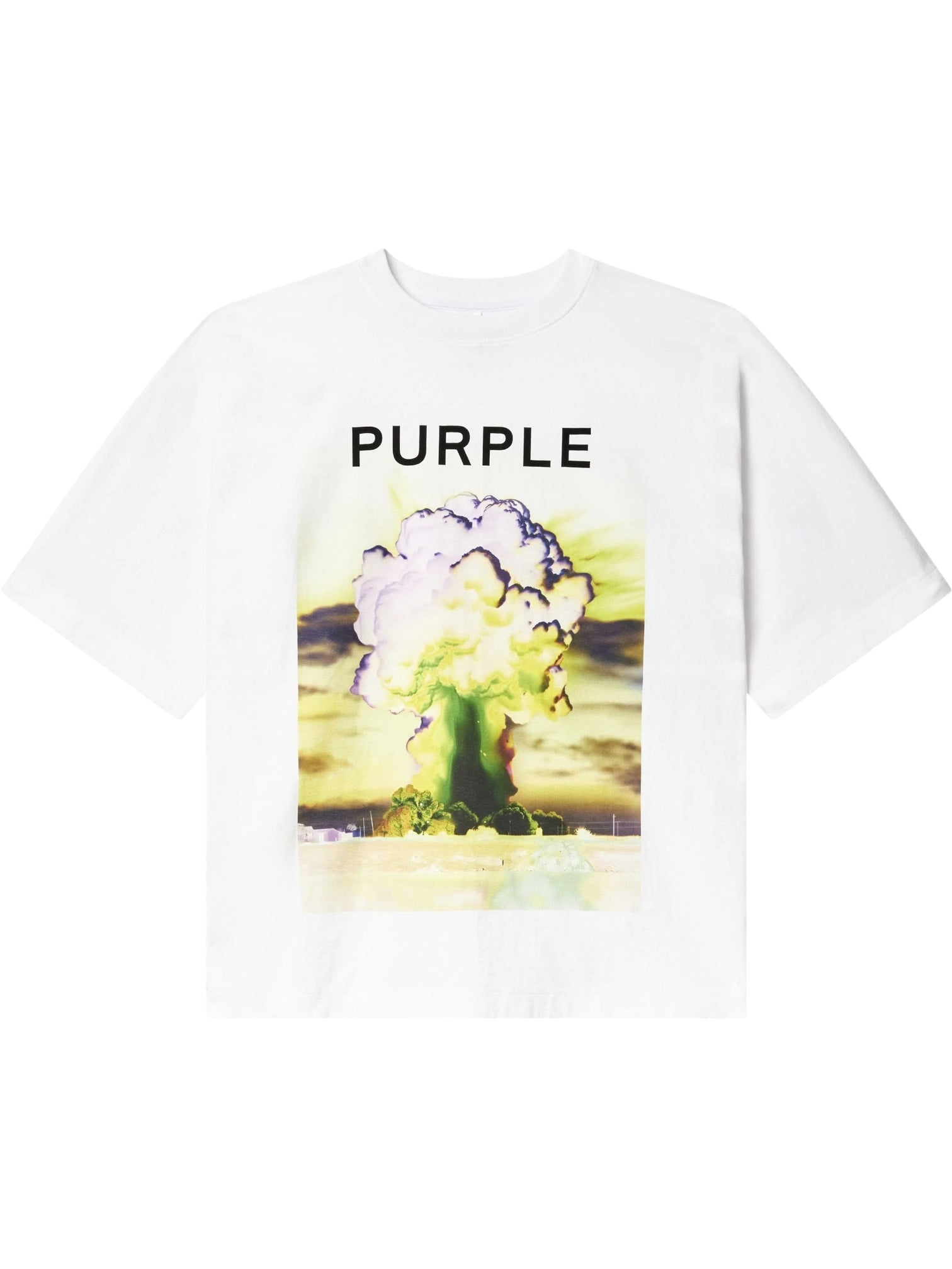 The Purple Brand M1057-TWFM325 Textured Jersey Top White is a 100% cotton tee with “PURPLE” above a colorful digital mushroom cloud graphic.