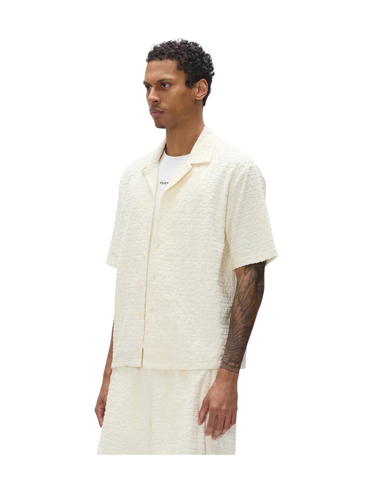 Purple Brand M1108-TWWP326 Terry Towel Camp Collar Off White