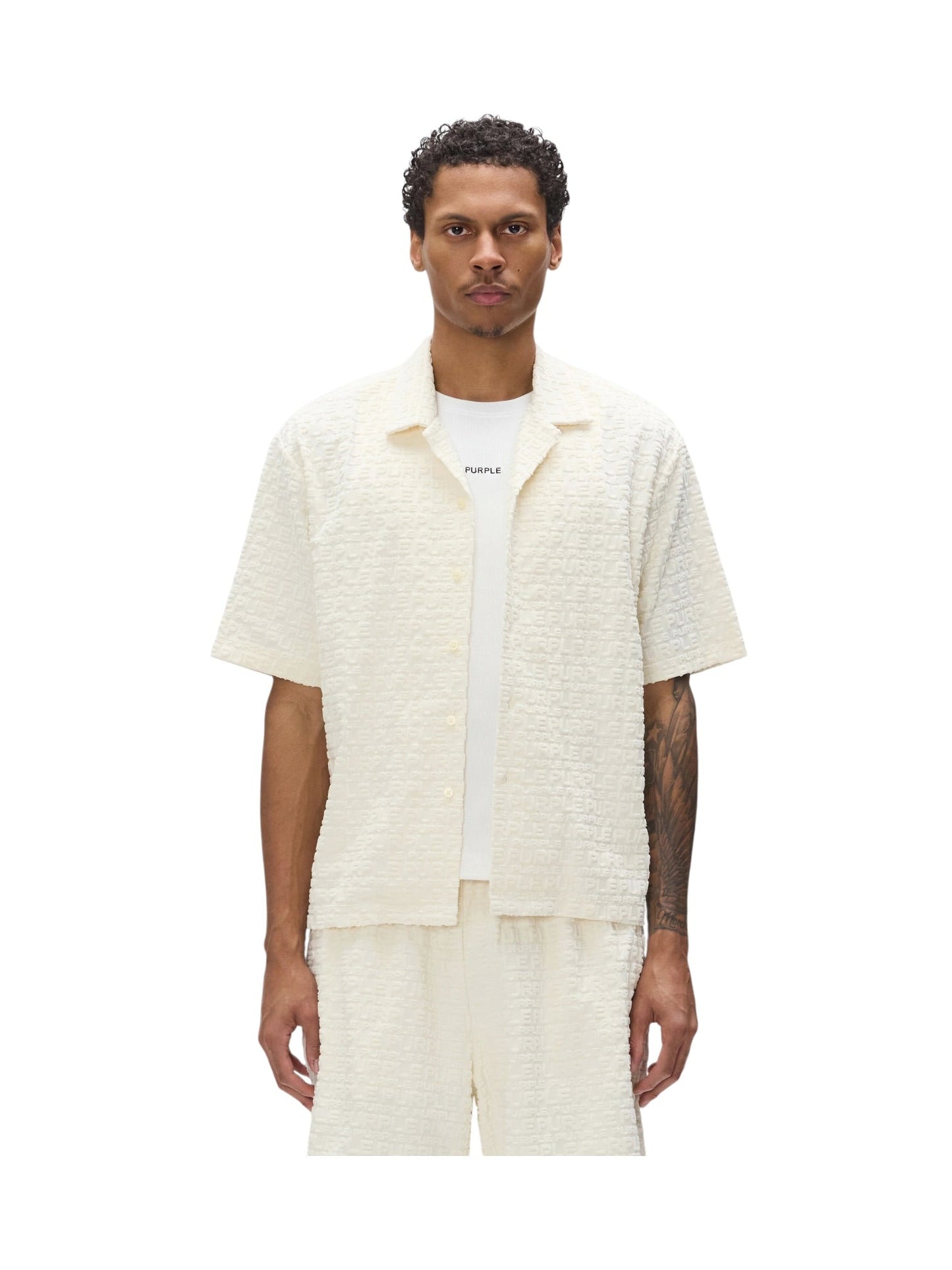 Purple Brand M1108-TWWP326 Terry Towel Camp Collar Off White