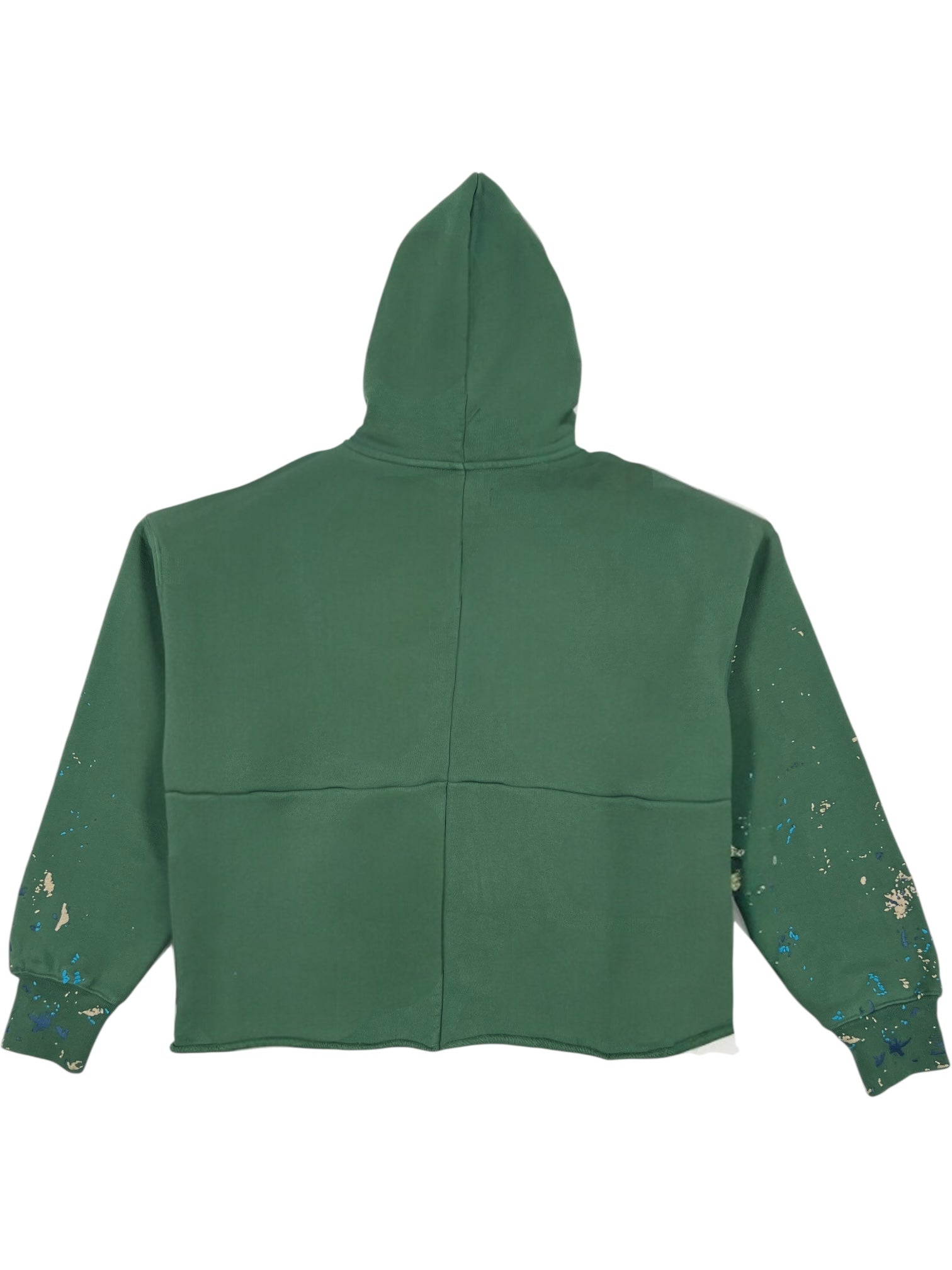 The PURPLE BRAND M4104-HFGH425 Heavyweight Fleece Hoodie in green features a back view, visible seam lines, and paint splatters on both sleeves, crafted from heavyweight cotton.