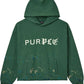 The Purple Brand M4104-HFGH425 Heavyweight Fleece Hoodie in green features an oversized fit, "PURPLE" crackle print on the chest, paint splatter details at hem and sleeves, a front pouch pocket, and is made from heavyweight cotton.