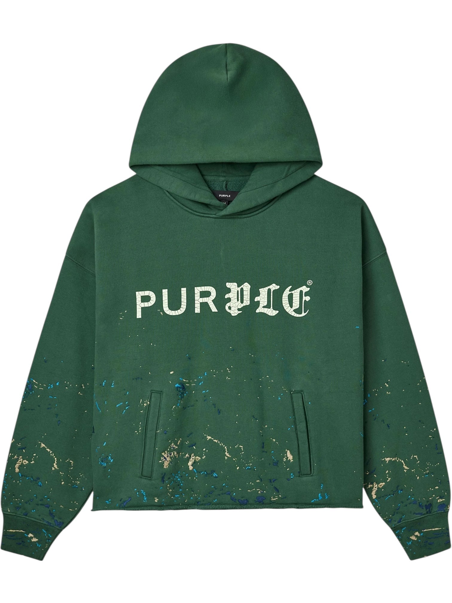 The Purple Brand M4104-HFGH425 Heavyweight Fleece Hoodie in green features an oversized fit, "PURPLE" crackle print on the chest, paint splatter details at hem and sleeves, a front pouch pocket, and is made from heavyweight cotton.