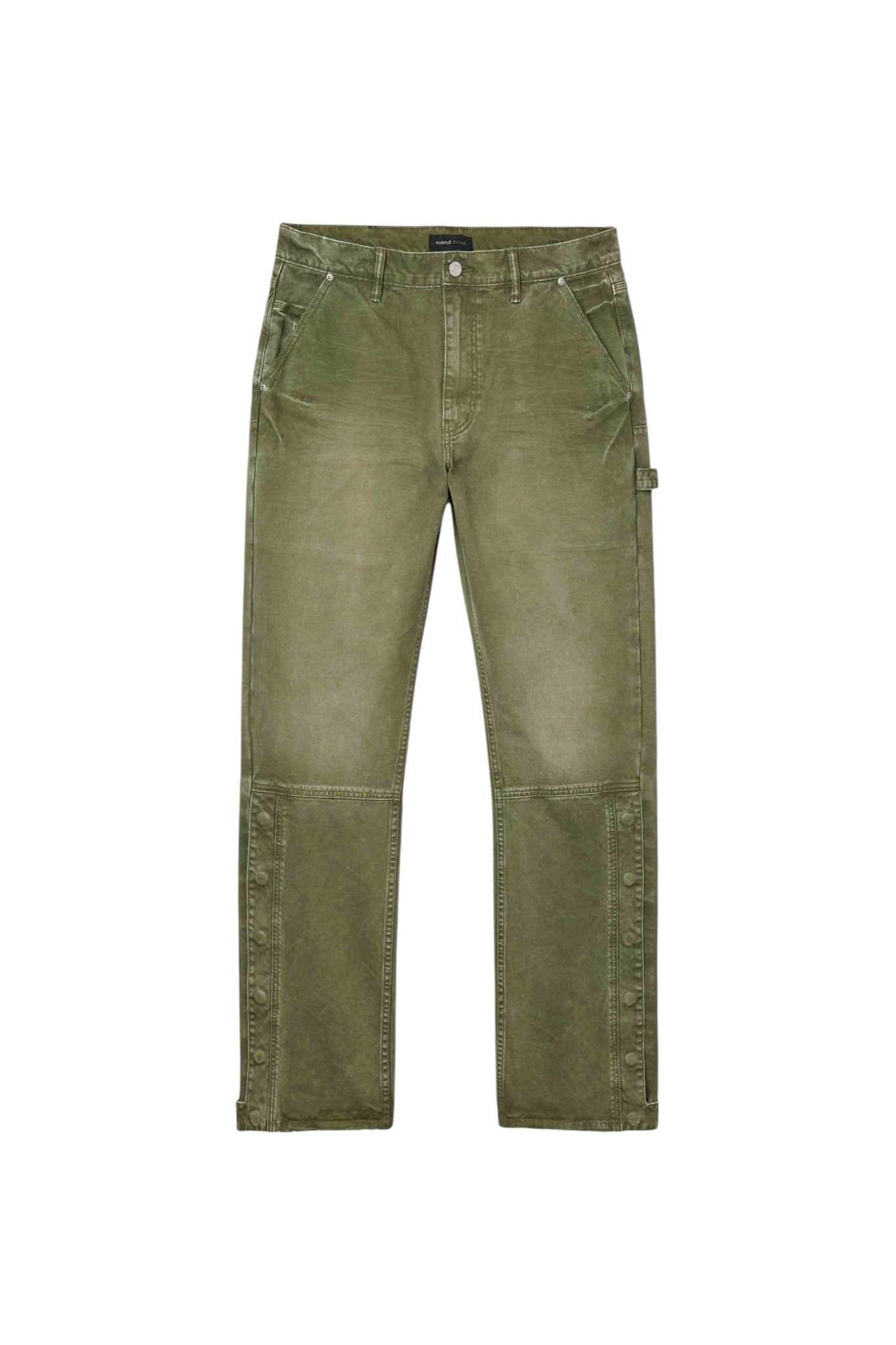 The Purple Brand M5005-CTMI Snap Carpenter Pant Green, crafted by PURPLE BRAND, offers a relaxed fit in durable cotton twill with multiple pockets and reinforced knees, all set against a flat white background.