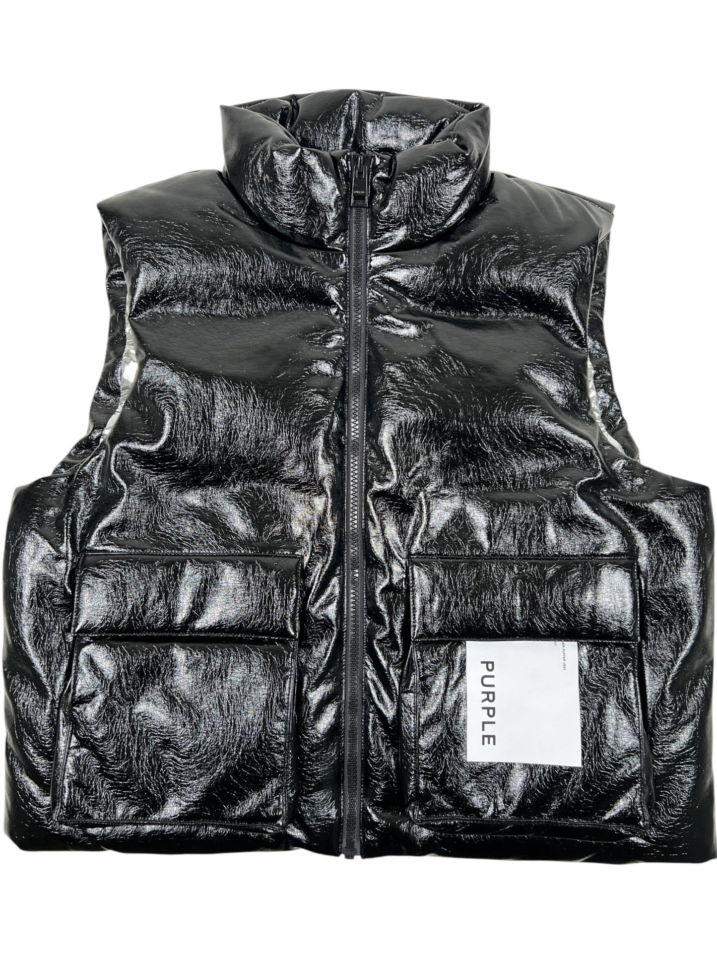 Purple Brand M6098-PLBV425N Pu Leather Puffer Vest Black