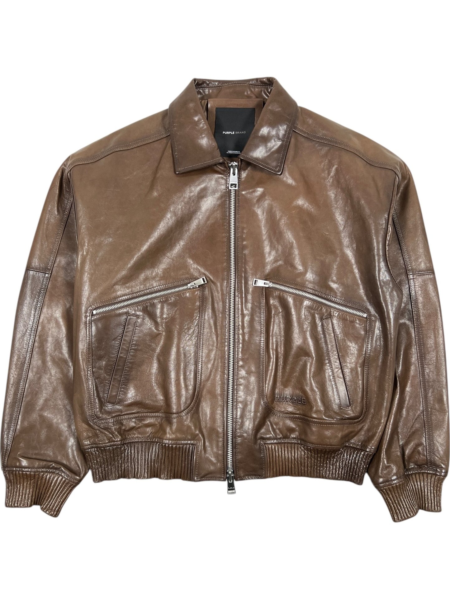Purple Brand M9607-LCDS126 Distressed Leather Bomber Brown