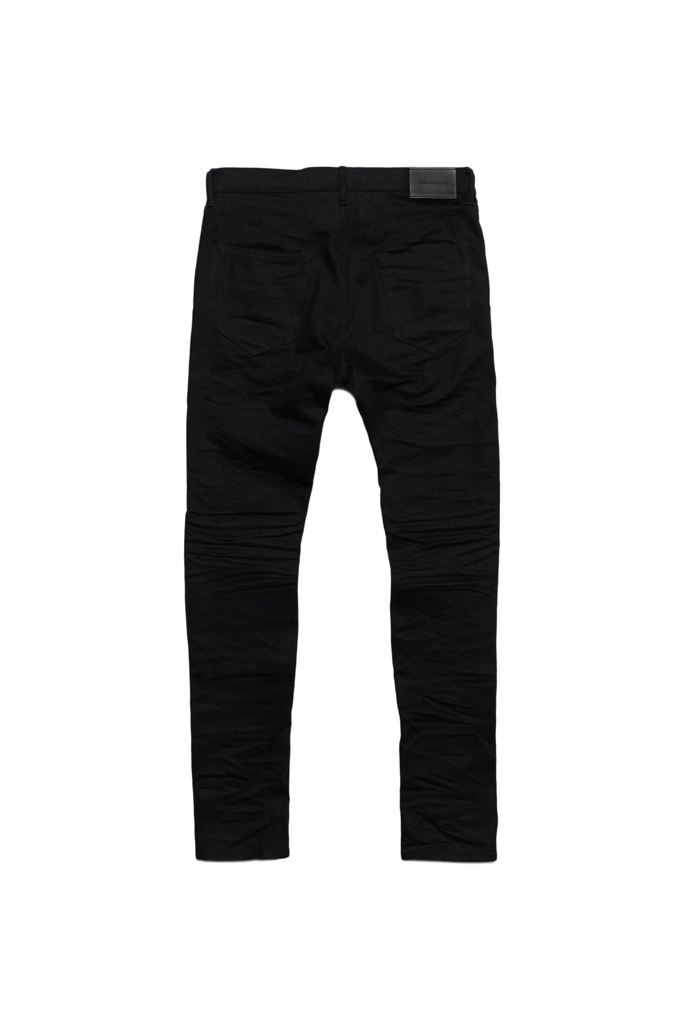 Back view of the Purple Brand P001-BLKR Black Raw222 jeans, featuring a low-rise skinny fit with visible seams and pockets, crafted from premium stretch denim in a dark black wash.