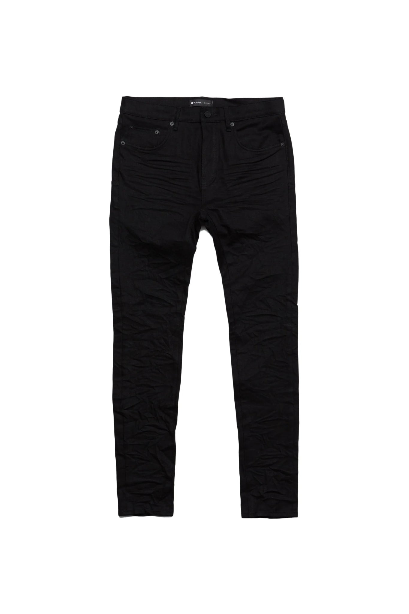 Introducing the Purple Brand P001-BLKR Black Raw222 jeans by PURPLE BRAND, featuring a dark black wash and a wrinkled texture, presented flat against a white background.