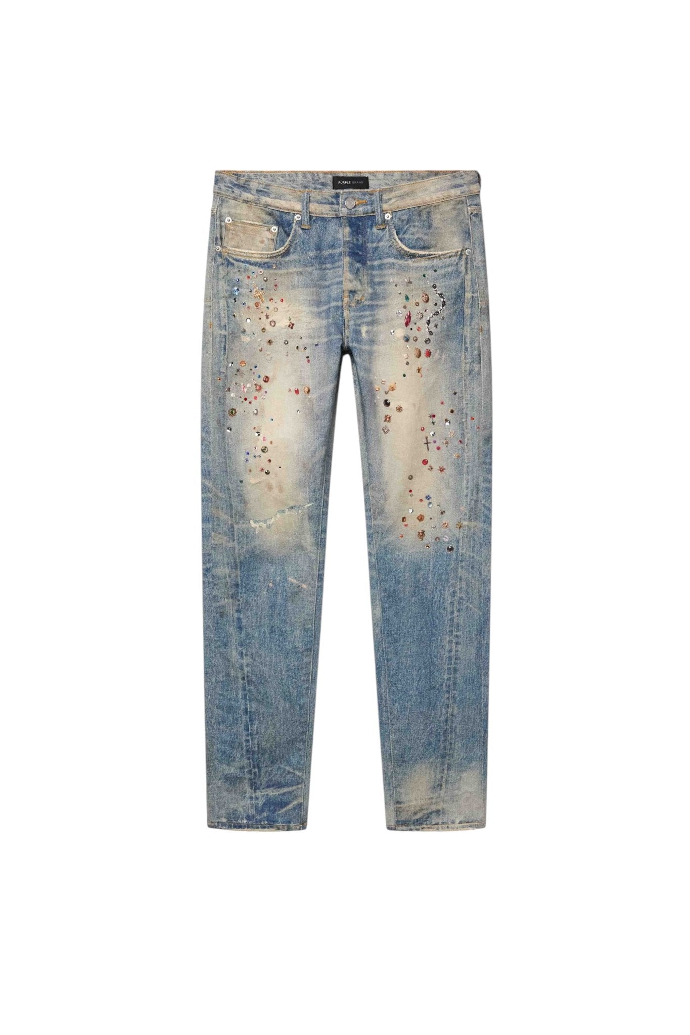 The Purple Brand P001-CYWI Skinny Cyanine Jewel Indigo jeans by PURPLE BRAND are crafted from premium stretch denim, showcasing a skinny fit with distressed detailing and scattered small holes on the front.