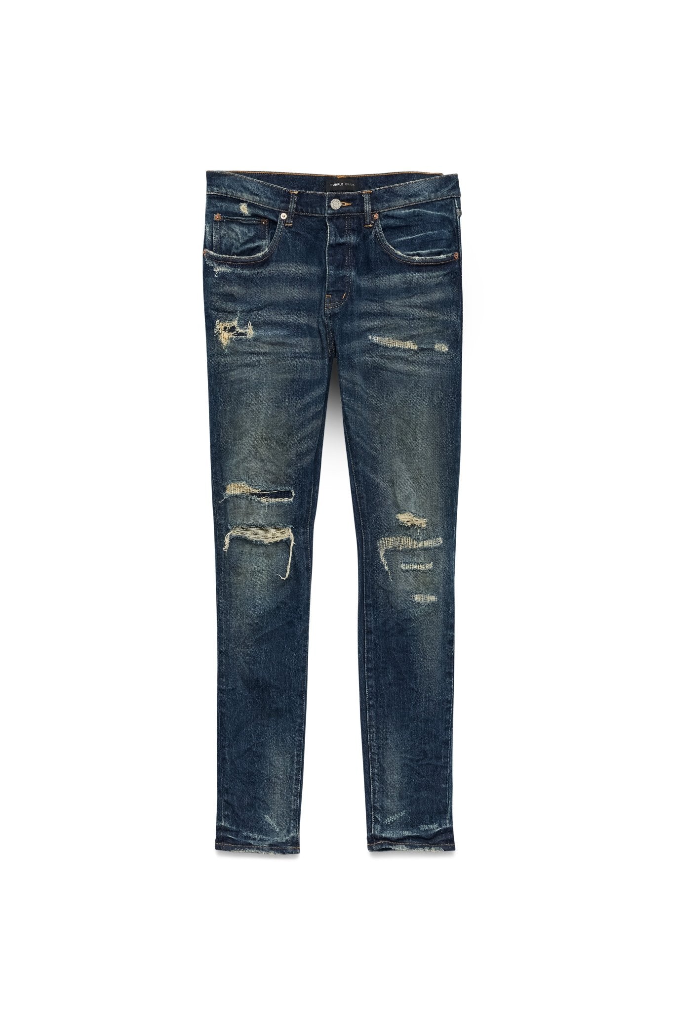 A pair of PURPLE BRAND P001-LDDI Light Destroy DK Indigo jeans featuring distressed, dark blue premium stretch denim with several rips and faded areas.