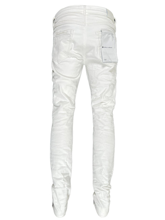 Purple Brand's P001-LDWH Light Destroy White shredded jeans isolated on a black background, featuring rear view with visible pockets and a label on the right pocket.