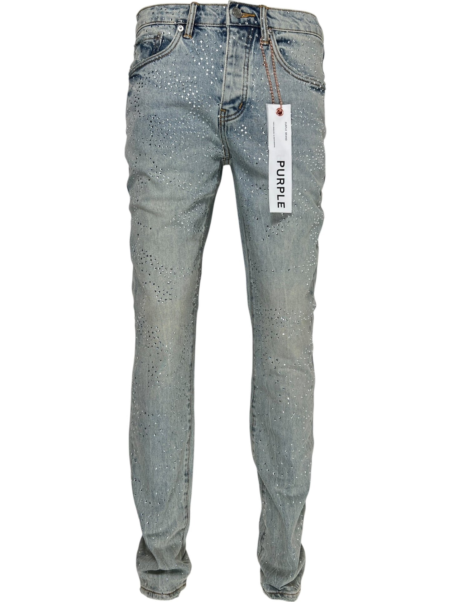The Purple Brand P001-SALT425 Skinny Atlin Blitz Indigo jeans feature a light blue distressed wash, small rhinestone embellishments, premium stretch denim, and a "PURPLE" tag on the front belt loop.