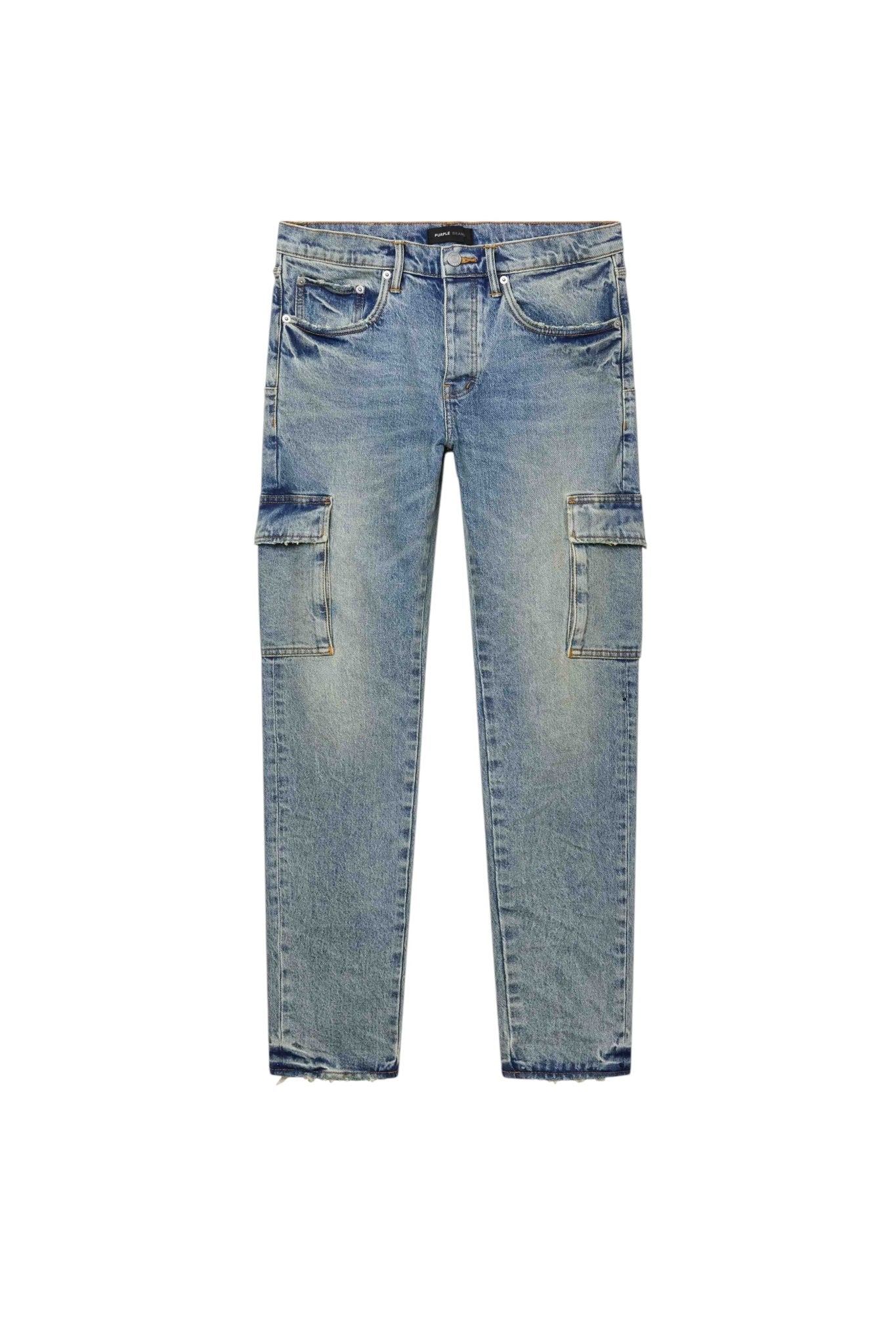 The Purple Brand P001-SCPL Skinny Cargo jeans in Pumice Lt Indigo are light blue, crafted from premium stretch denim with side pockets and a stylish faded wash, displayed on a white background.