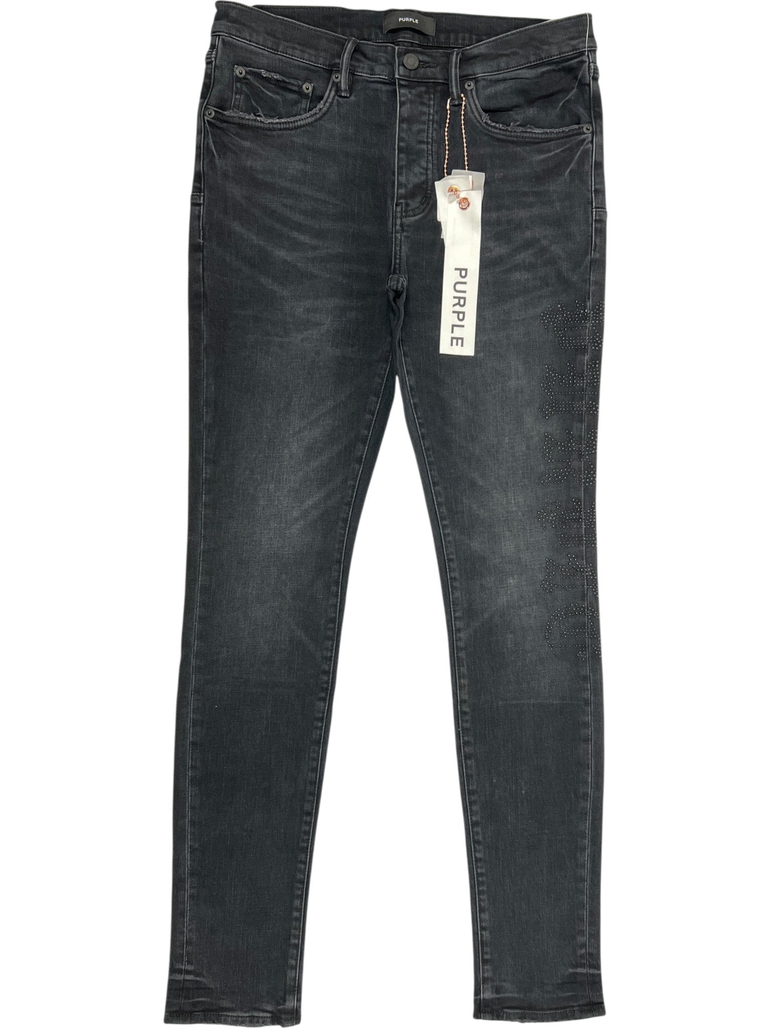 A pair of Probus Purple Brand P001-SHFL425 Skinny Hotfix Logo Black jeans with front and back pockets, visible seams, and a "PUPPLE" tag on the right belt loop.