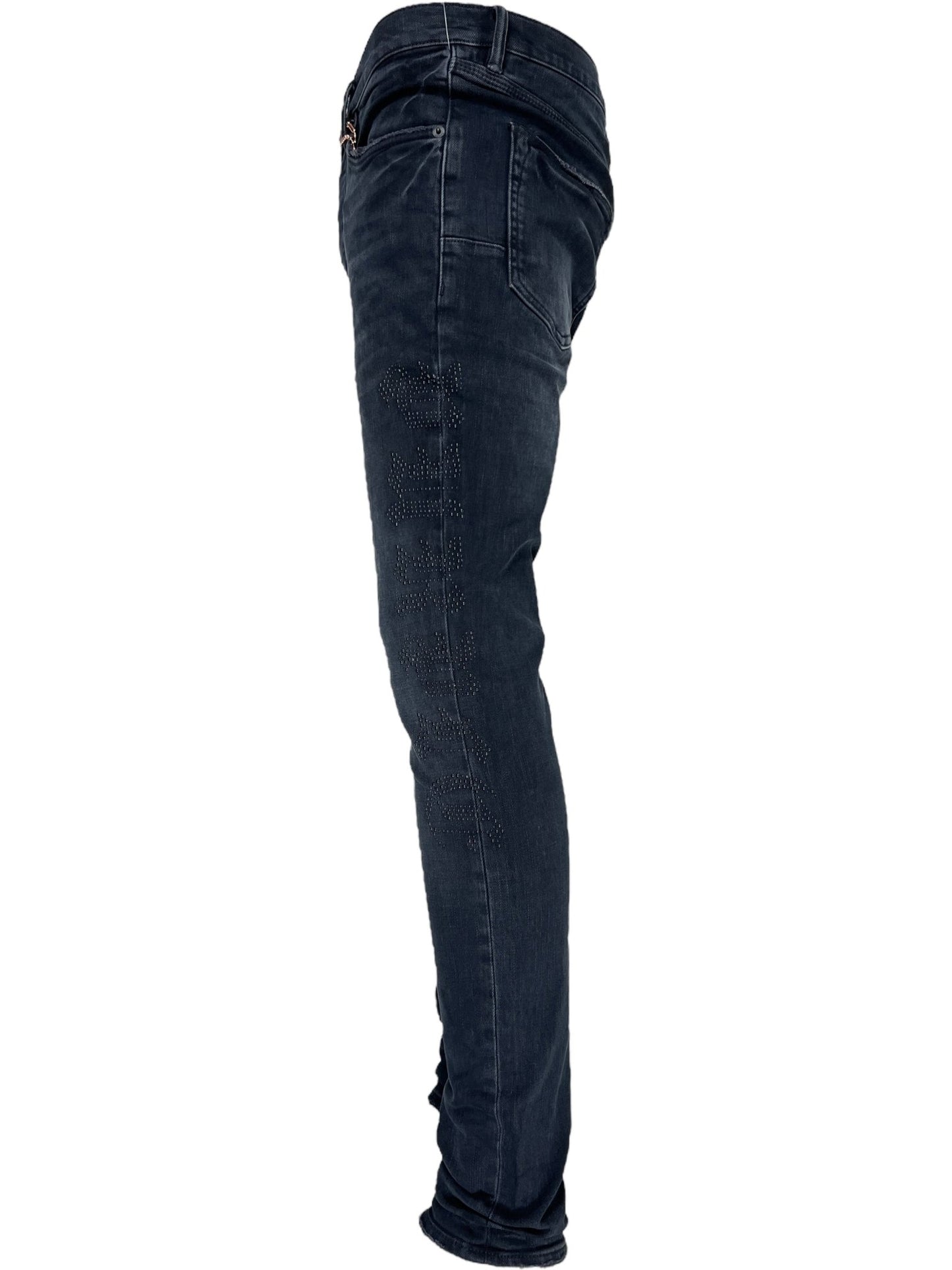 Side view of Probus Purple Brand P001-SHFL425 Skinny Hotfix Logo Black jeans, showcasing visible stitching, subtle decorative details, and the signature logo on the outer thigh.