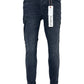 A pair of Probus Purple Brand P001-SHFL425 Skinny Hotfix Logo Black men's jeans is displayed upright with a white "PURPLE" tag attached to a belt loop.