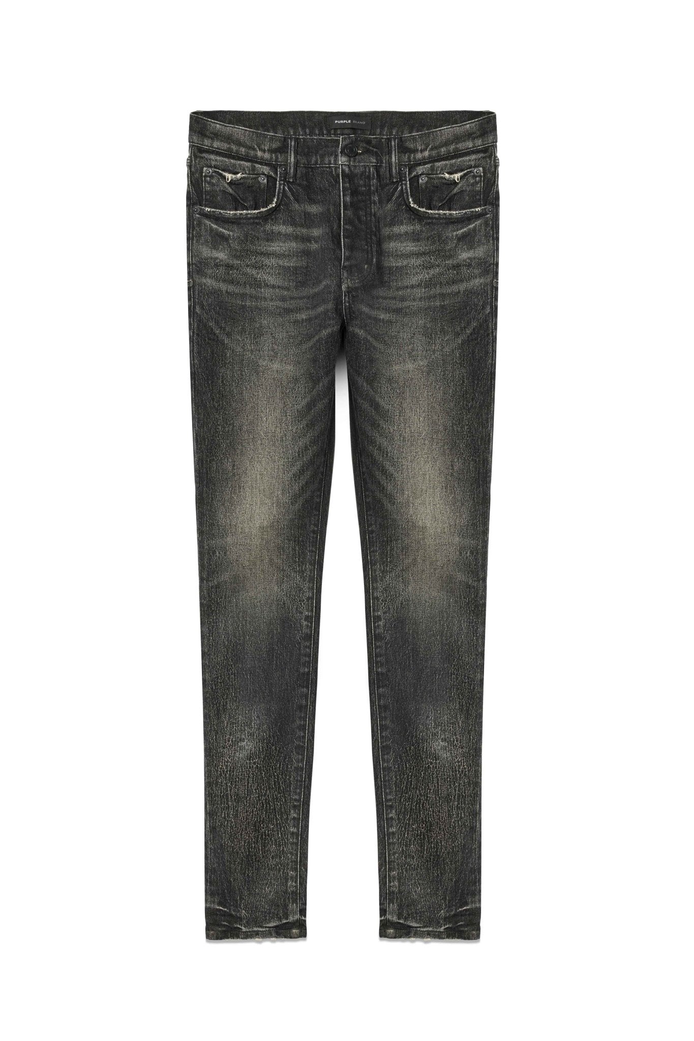 The PURPLE BRAND P001-SIWC Skinny Crackle Coated Black jeans, featuring a distressed and faded wash, front pockets, and belt loops, are crafted from premium stretch denim for enhanced comfort. These low rise skinny jeans are laid flat on a white background, highlighting their vintage appeal.