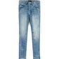 The Purple Brand P001-SKCI Skinny Coated Lt Indigo jeans feature a slightly faded look, with front pockets and belt loops, set against a plain white background.