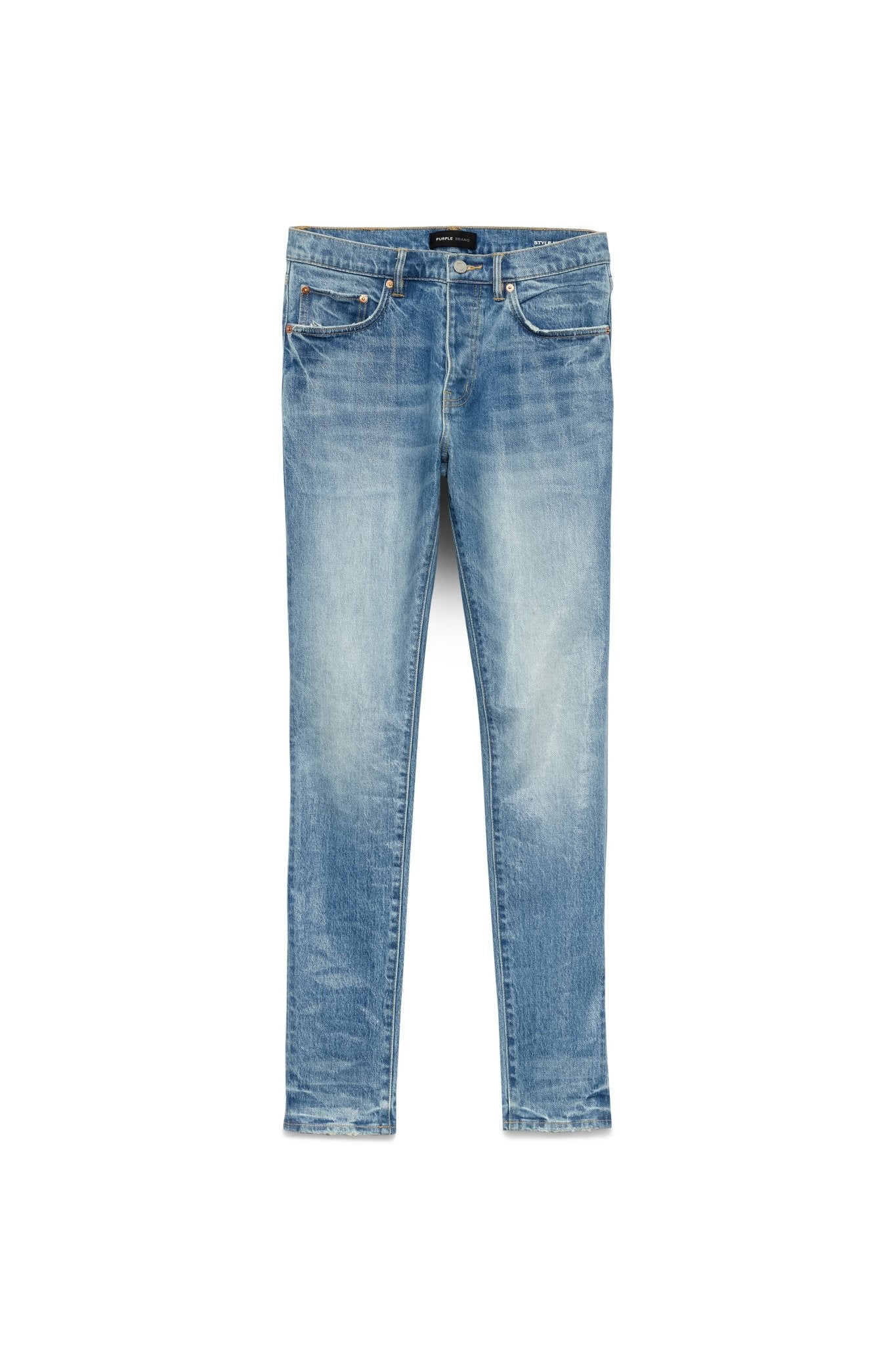 The Purple Brand P001-SKCI Skinny Coated Lt Indigo jeans feature a slightly faded look, with front pockets and belt loops, set against a plain white background.