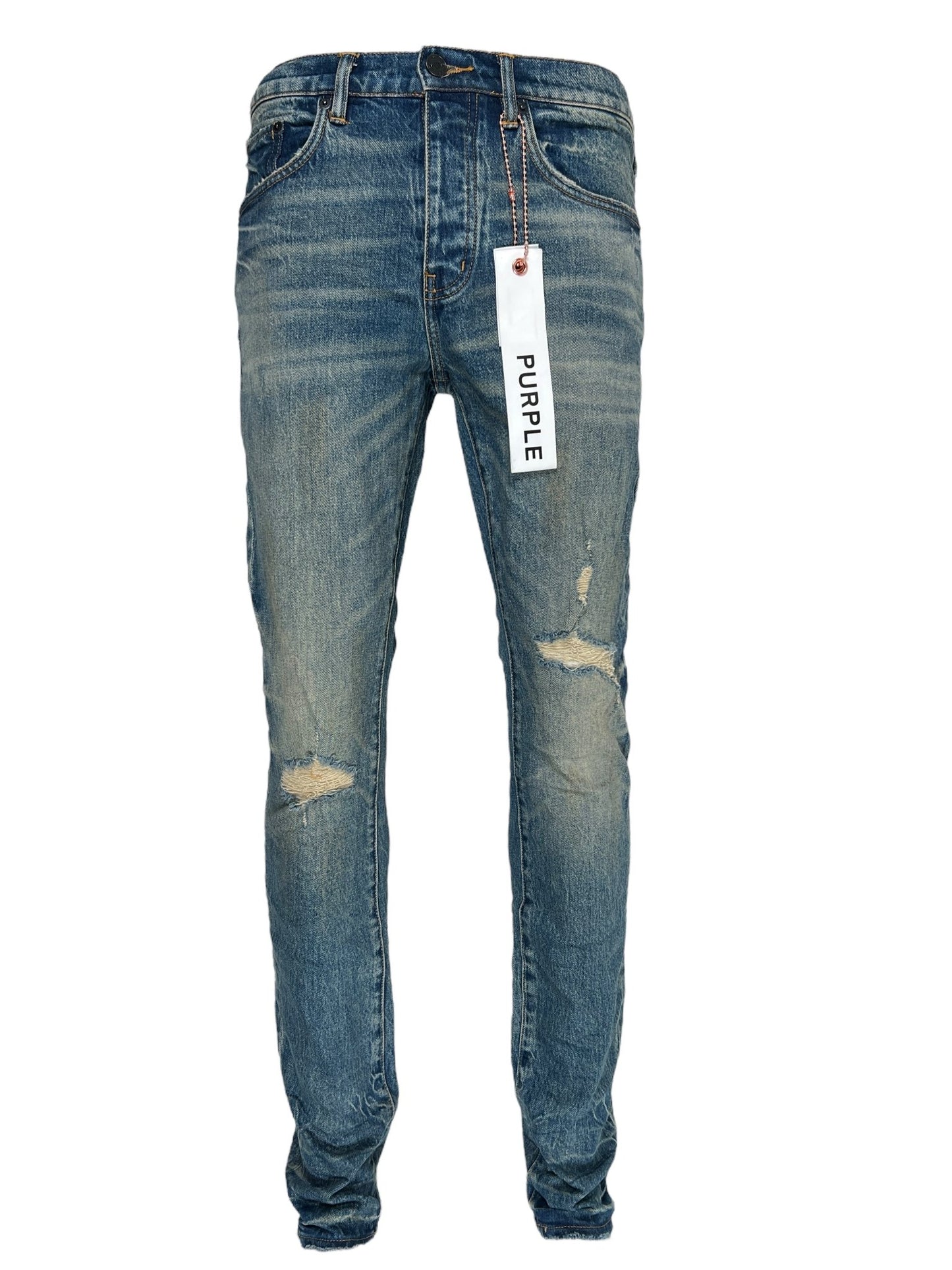 Pair of distressed, low rise skinny jeans in dark indigo by PURPLE BRAND with a "PURPLE" tag attached. Crafted from premium stretch denim, these PURPLE BRAND P001-SNFD SKINNY 9 TO 5 DK INDIGO jeans feature a faded wash and visible rips at the knees for that perfect edge.