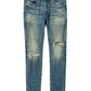 The Purple Brand P001-SNFD Skinny 9 To 5 DK Indigo jeans from PURPLE BRAND are distressed skinny jeans made from premium stretch denim, featuring ripped knees and faded areas, showcased against a plain white background.