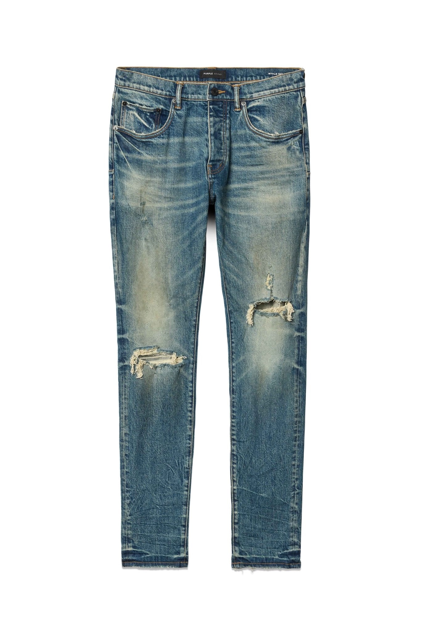 The Purple Brand P001-SNFD Skinny 9 To 5 DK Indigo jeans from PURPLE BRAND are distressed skinny jeans made from premium stretch denim, featuring ripped knees and faded areas, showcased against a plain white background.