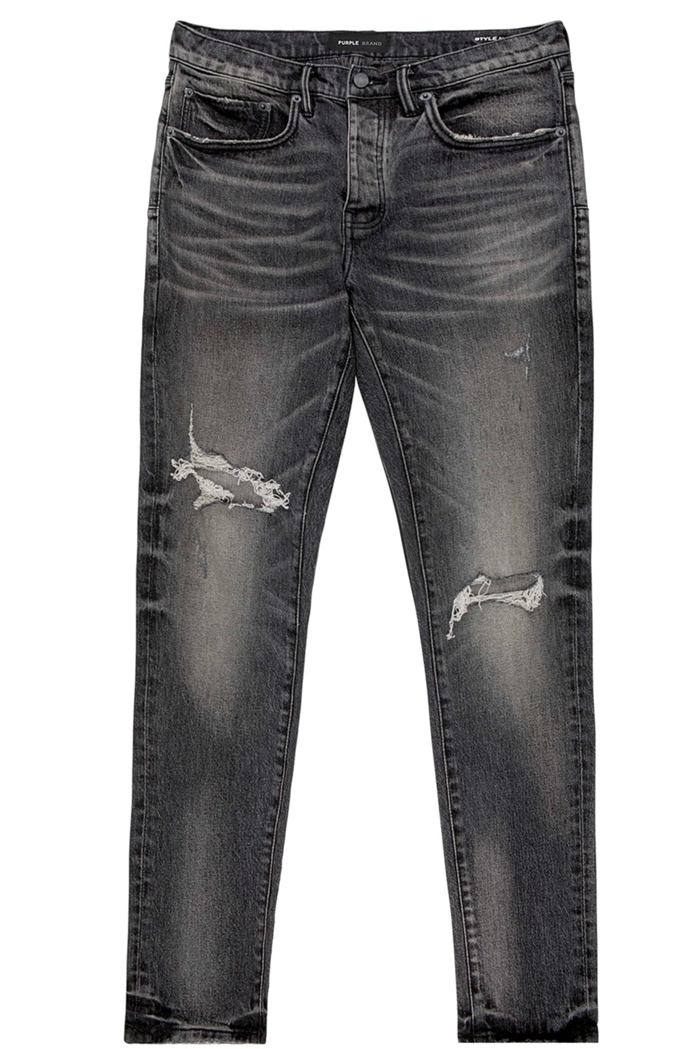 A pair of Purple Brand P001-SWKO Skinny Week Old Wash Black jeans from PURPLE BRAND, crafted from premium stretch denim with visible rips on the thighs, faded areas, and designed in a low-rise skinny fit.