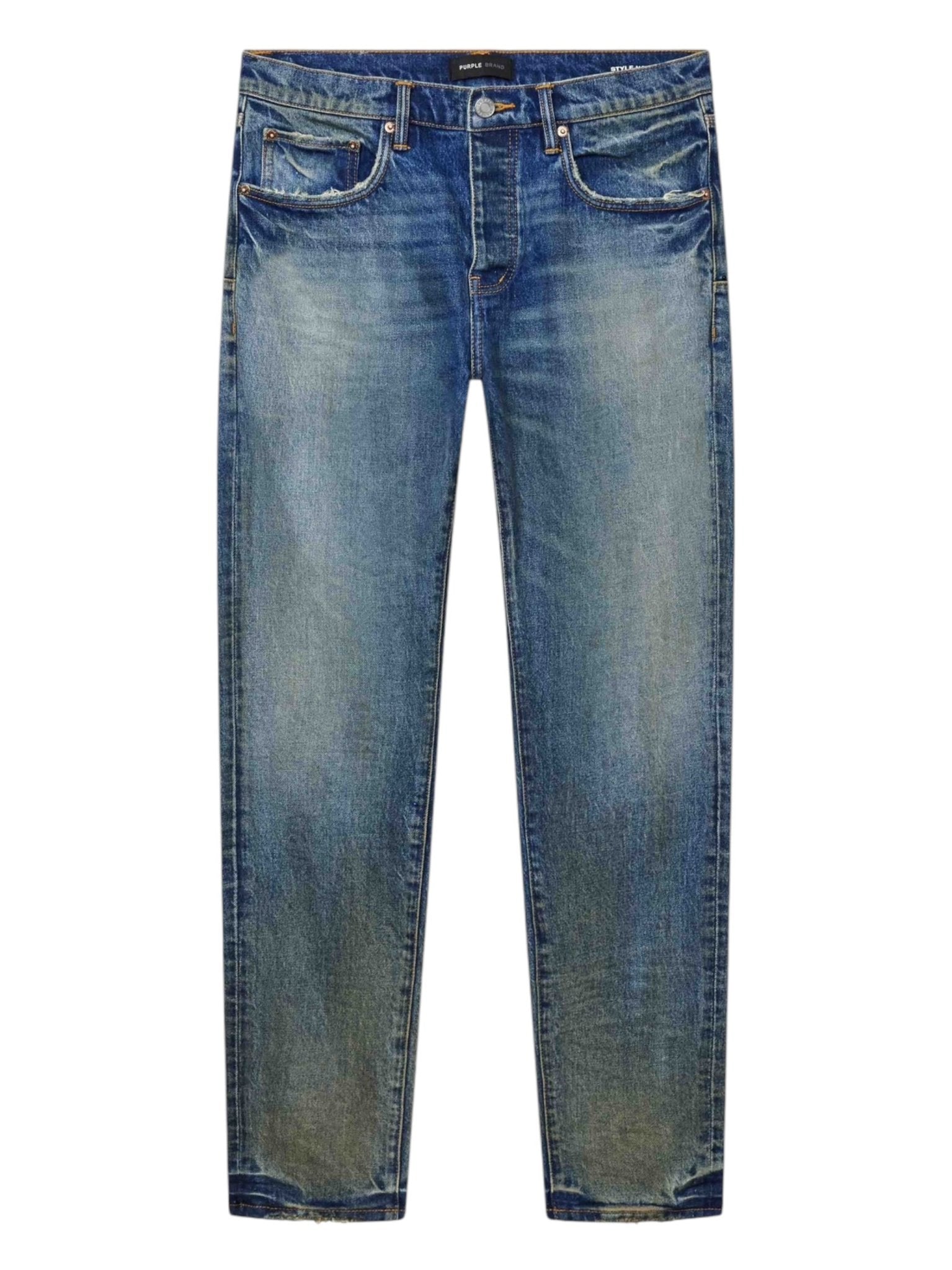 Part of the Spring/Summer 2025 White Label collection, the Purple Brand P001-SYCB Skinny Cracked Bronze Denim features a five-pocket design, button closure, and visible stitching. Crafted by PURPLE BRAND, these faded blue jeans offer timeless style with a modern edge.
