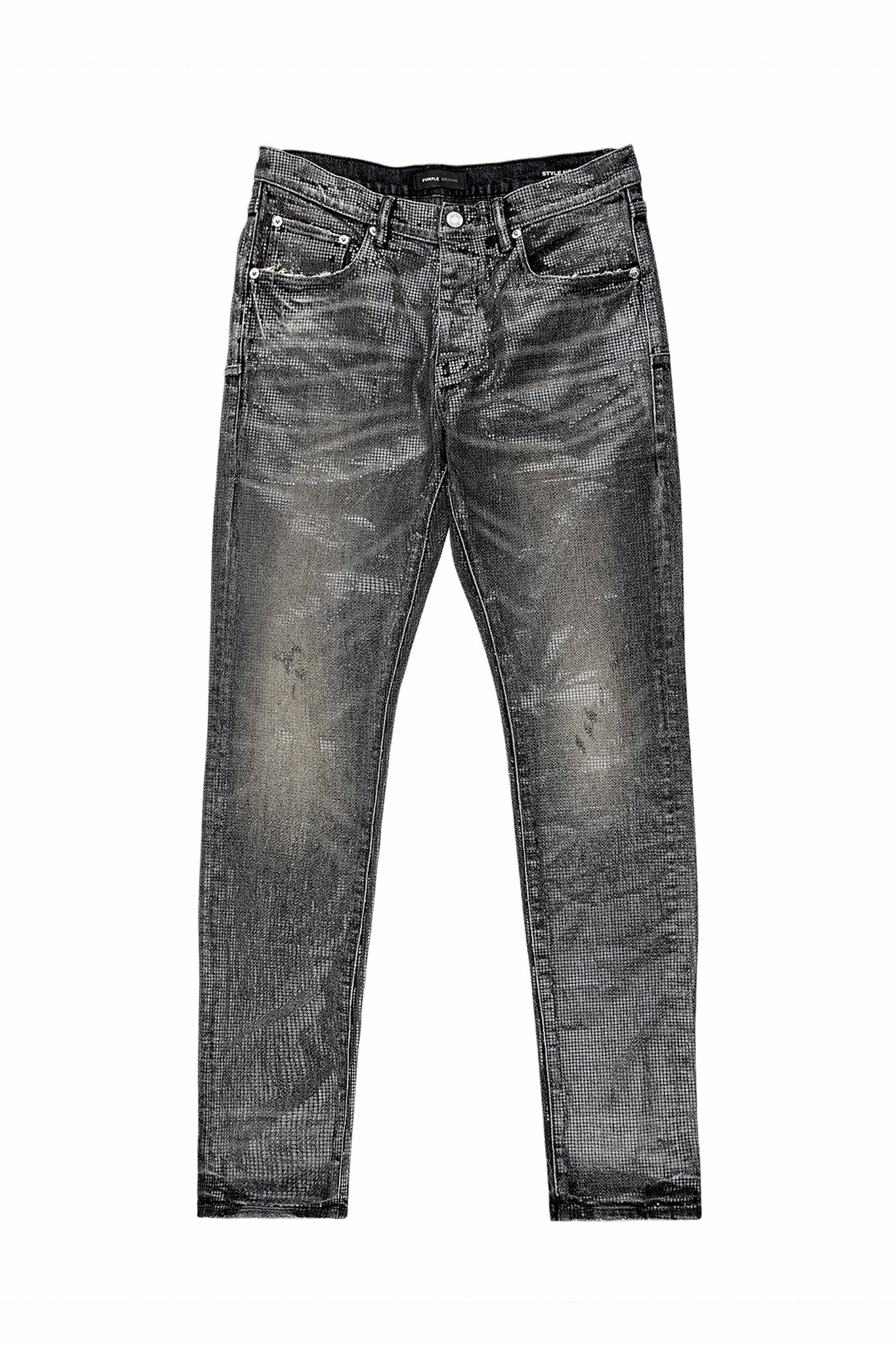 The PURPLE BRAND P001-TOBL jeans in black, featuring subtle distressing and a low-rise skinny fit, showcased against a white background.