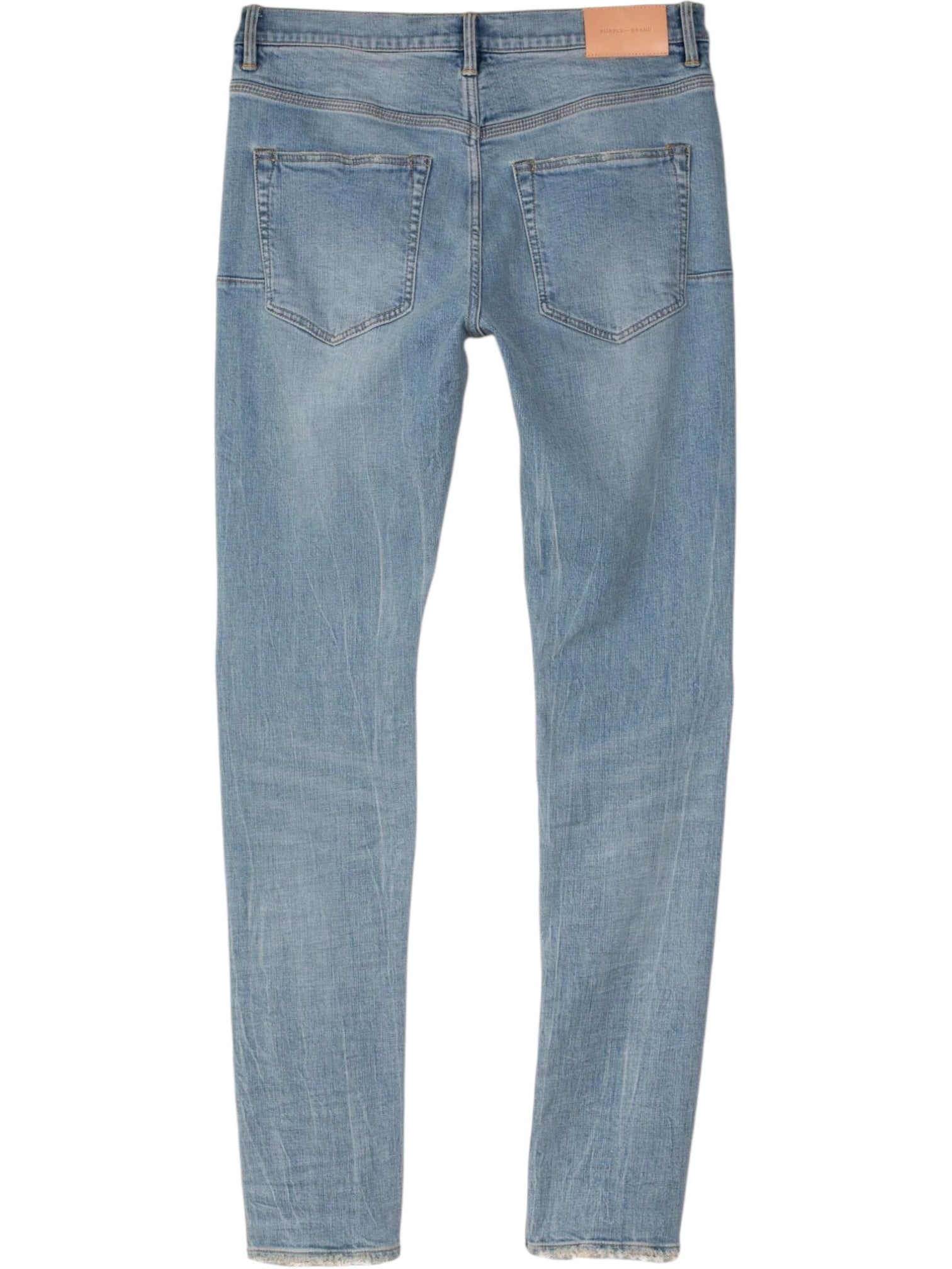 The PURPLE BRAND P002-LIB Drop Fit Midrise Tapered Leg jeans in light indigo feature premium stretch denim, two back pockets, a tan leather waistband patch, and subtle fading for a modern look.