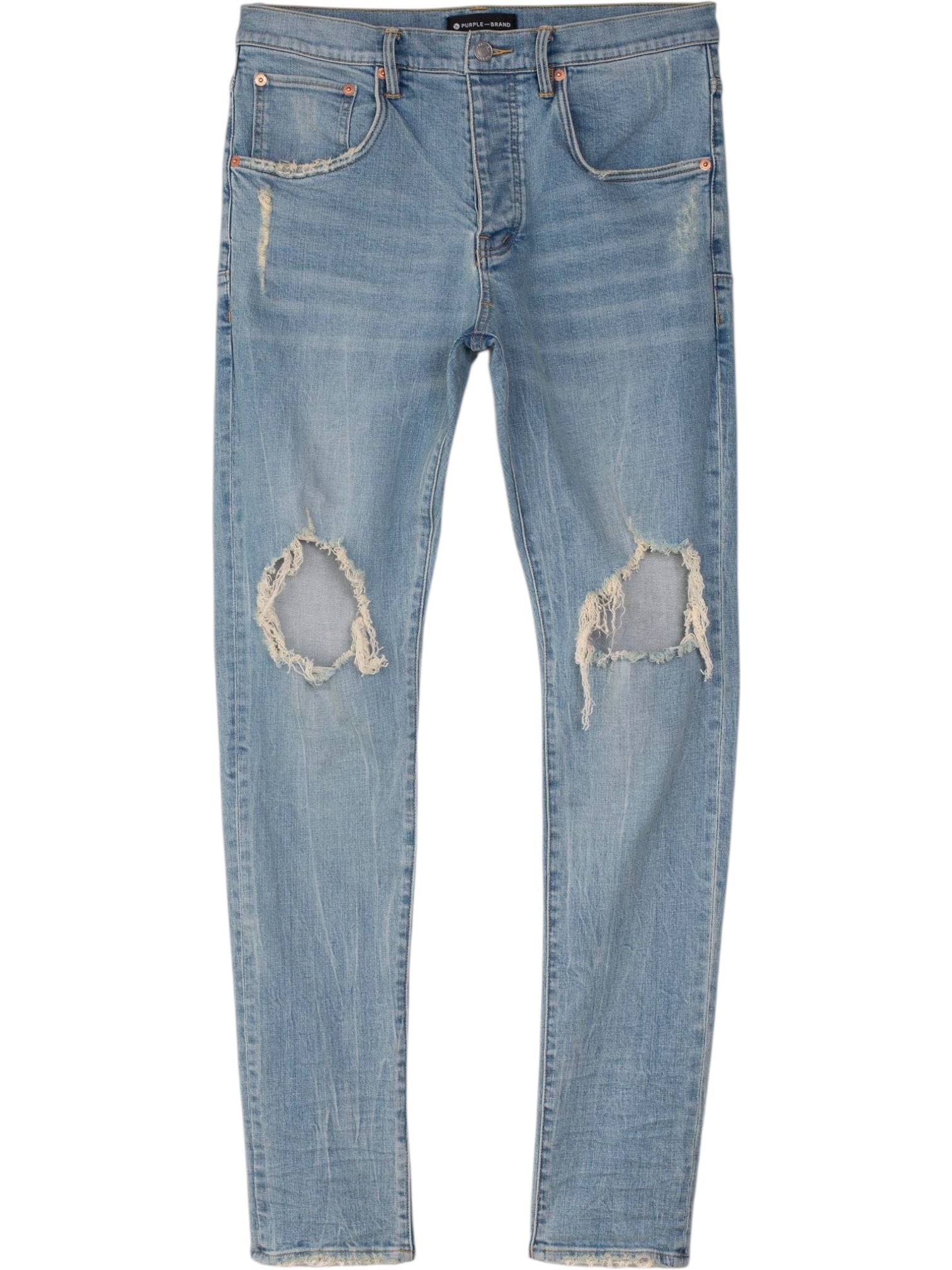 Purple Brand P002-LIB Drop Fit Midrise Tapered Leg Lt Indigo jeans, made from premium stretch denim in light indigo, feature distressed knee holes and frayed details on thighs and hems, shown against a plain white background.