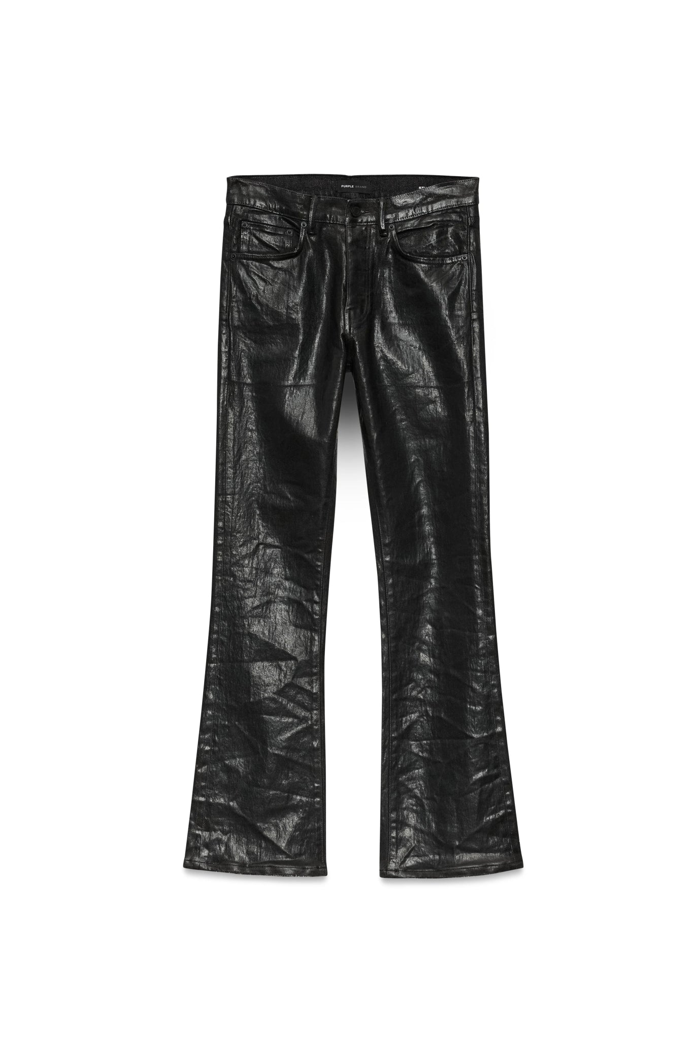 PURPLE BRAND's Purple Brand P004-CFDB Coated Flare Black pants feature a black shiny leather look with a low rise and flared design, ideal for Pre Fall 2024, showcased against a simple backdrop.