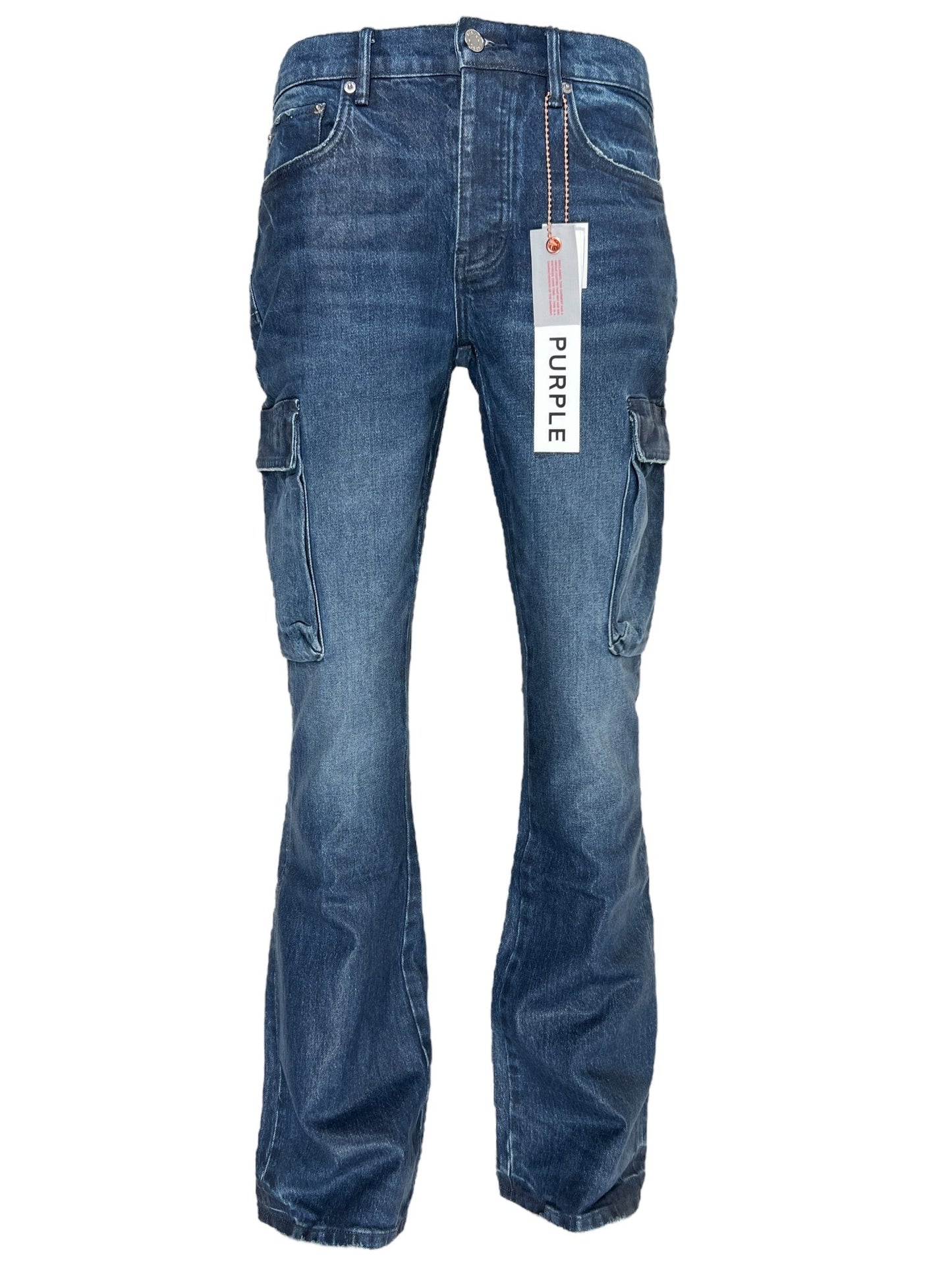 A pair of PURPLE BRAND P004-CFGS Cargo Flare Vintage Coated DK Indigo jeans with multiple pockets and a tag labeled “PURPLE” attached to the waistband.