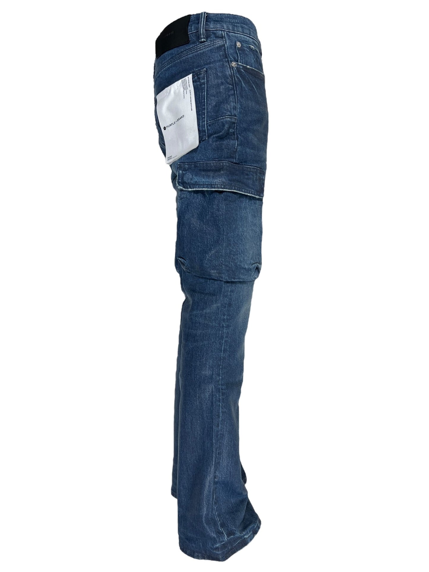 Side view of the PURPLE BRAND P004-CFGS Cargo Flare Vintage Coated DK Indigo jeans, featuring patchwork details on the back pocket and knee area, reminiscent of vintage coated denim.