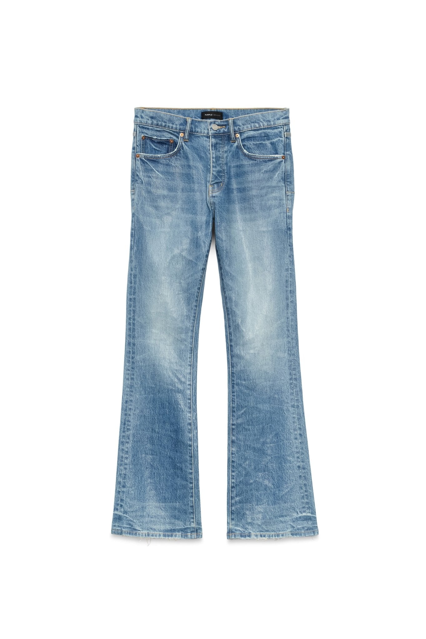 A pair of PURPLE BRAND P004-CFLC COATED FLARE LT INDIGO jeans, featuring a light indigo wash, a flare cut, and the classic five-pocket design.