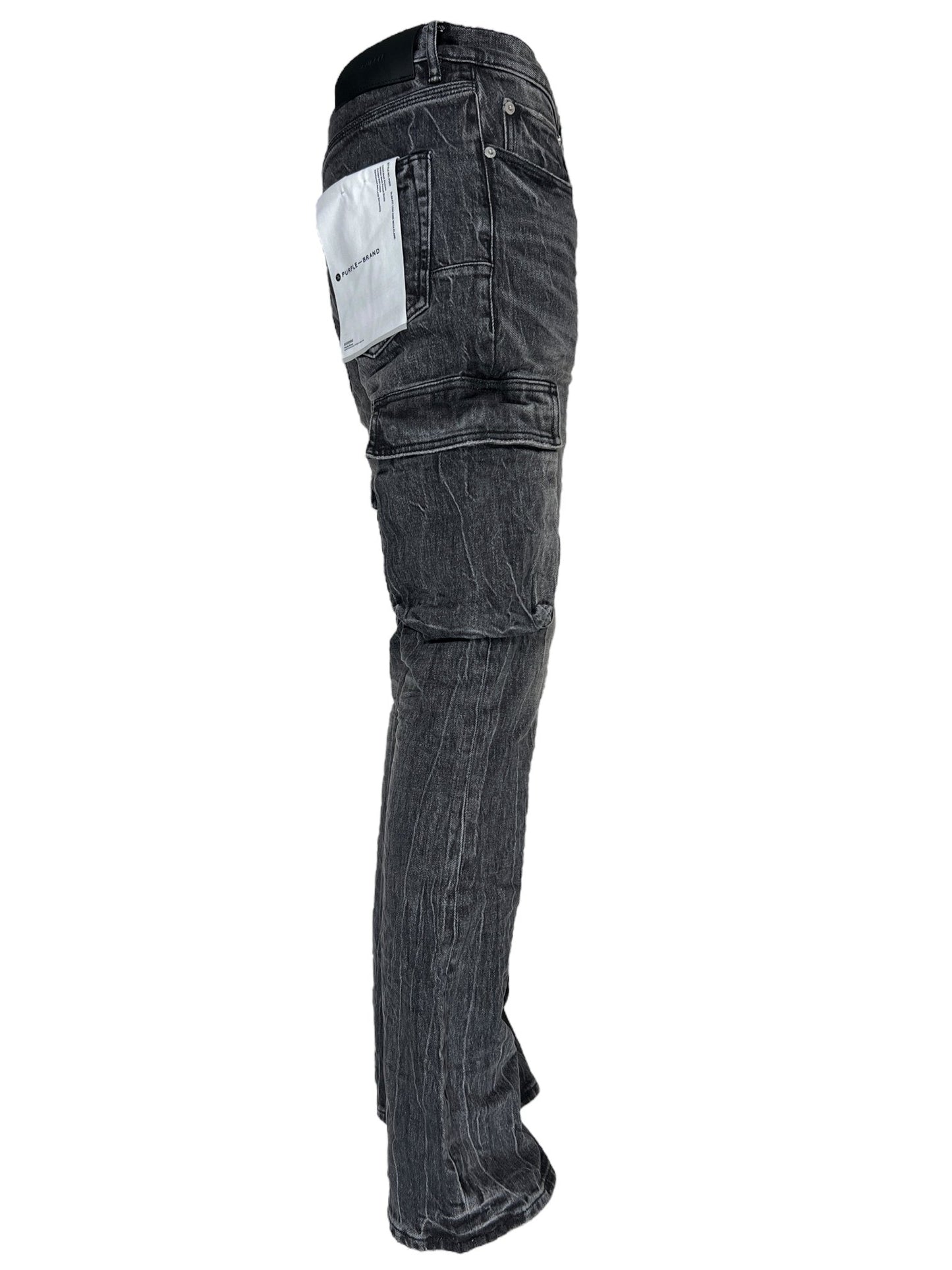 Side view of the PURPLE BRAND P004-CFTW Cargo Flare Tinted Worn Black pants with white stitching and a white patch on the back pocket, displayed on a white background.