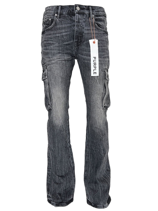 A pair of PURPLE BRAND P004-CFTW Cargo Flare Tinted Worn Black denim pants with visible stitching and a white tag labeled "PURPLE BRAND" hanging from a belt loop.